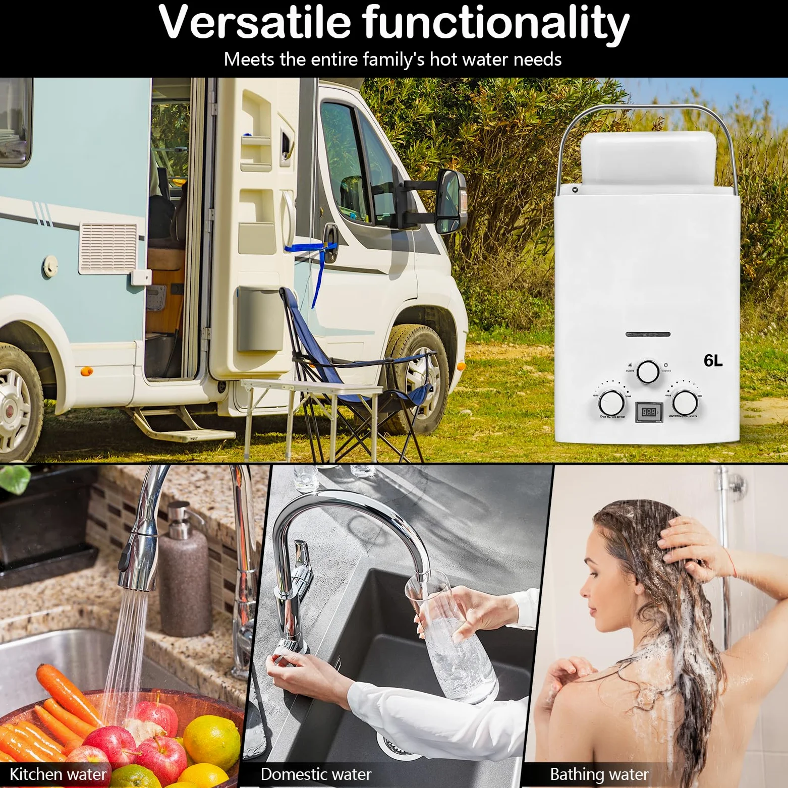 Scaldabagno A Gas Istantaneo Da 6 Litri, 12 Kw Portatile Per Camper E Roulotte Con Maniglia E Soffione Doccia Per Esterni Giardino Campeggio Caravan 40x30x13 Cm