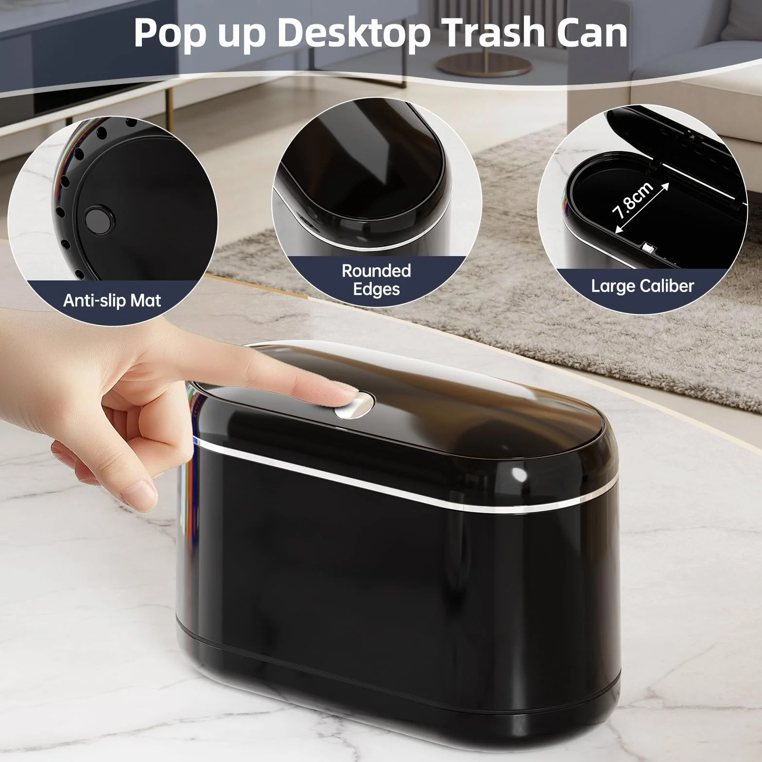 PAVSTINE Cestino Da Scrivania Pop-Up, Mini Pattumiera da Tavolo Design a Doppia Canna, Pattumiera da Scrivania Dotato di 5 Rotoli di Sacchetti per la Spazzatura e 4 Tappetini Antiscivolo, Nero