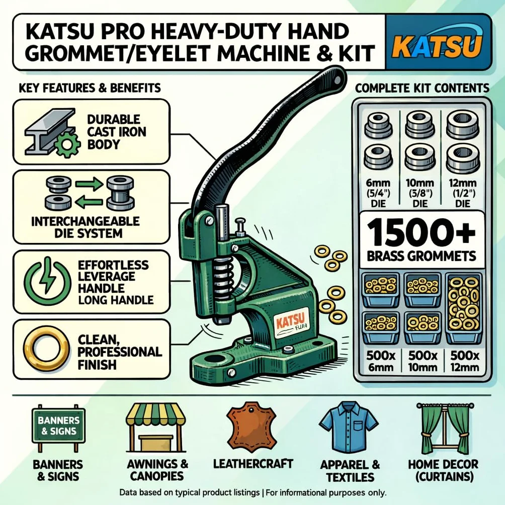 KATSU Occhiellatrice Professionale Macchina Manuale a Pressione 3 Matrici 6mm 10mm 12mm 1500 Gommini
