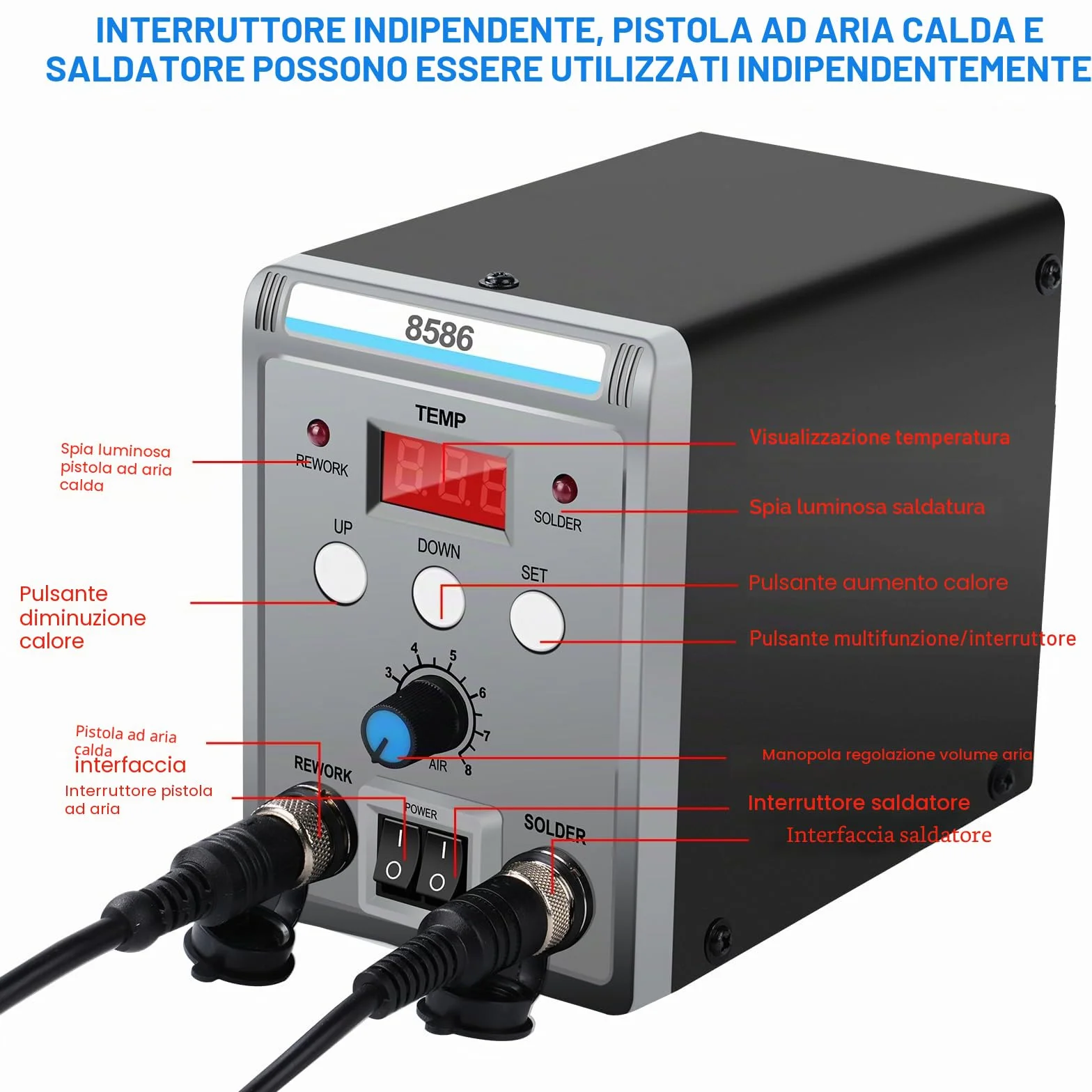 Stazione di saldatura ad aria calda, 700 W, 8586, set di saldatori Rework Station con 3 ugelli dell'aria – 5 mm, 8 mm, 10 mm, indicatore digitale della temperatura regolabile 100 ~ 500 °C