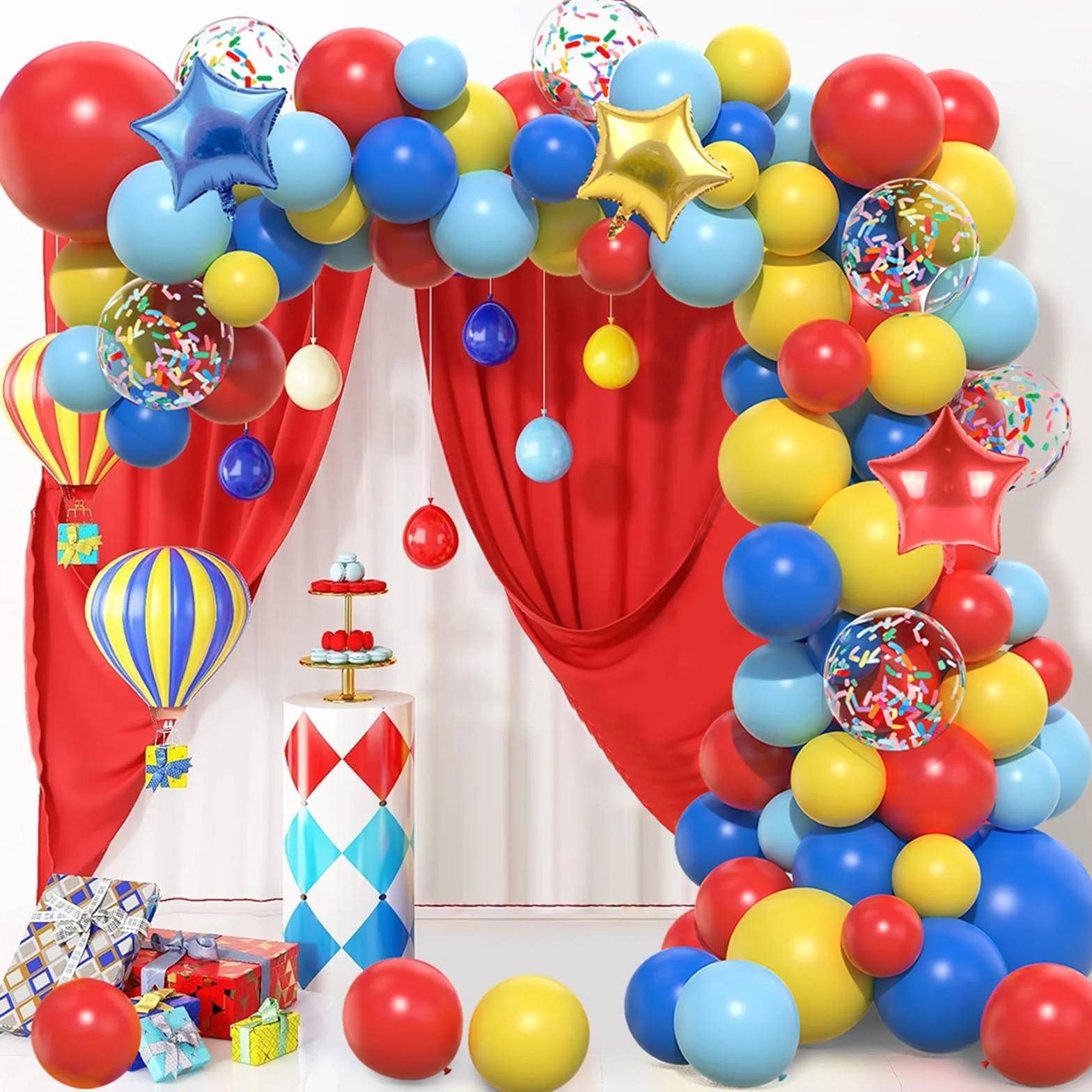 Kit Arco Palloncini Rosso Blu Giallo 106pcs Ghirlanda Palloncini Circo Carnevale con Foil Stella Coriandoli Multicolori