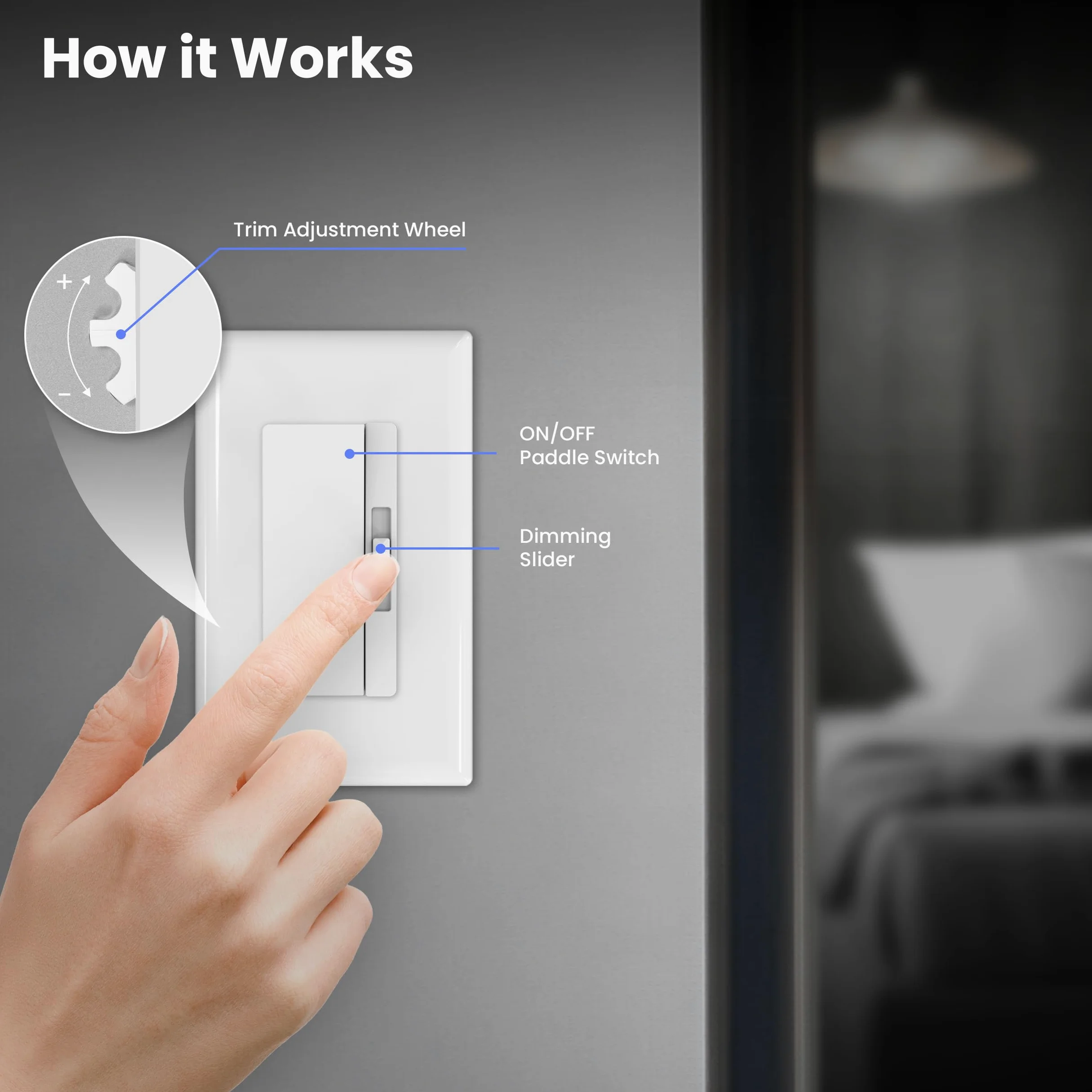 Feit Electric 2 interruttori dimmer per lampadine a LED dimmerabili, interruttore a levetta singolo o 3 vie, piastra a muro e montaggio dadi metallici, DIM/Paddle/2