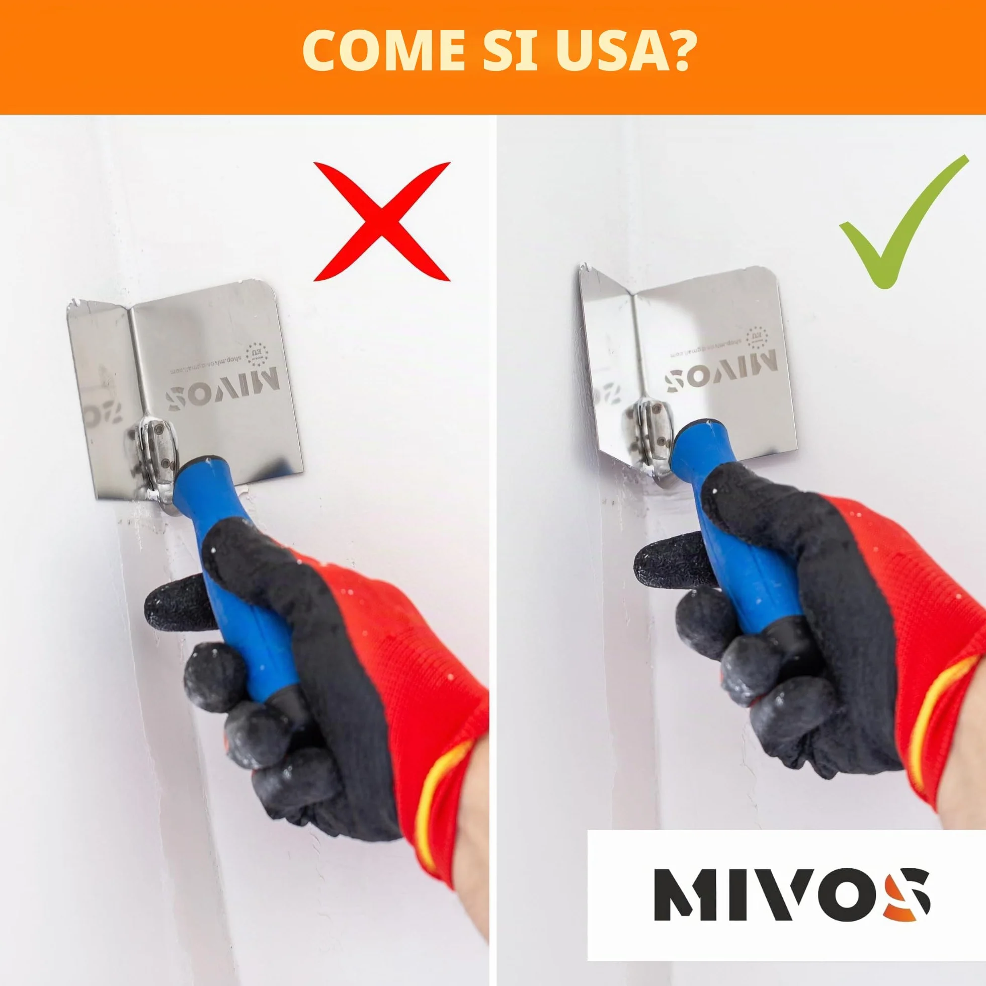 Mivos 2x Cazzuola Angolare Antiruggine 80 x 60 mm - Cazzuola Angolare Interna ed Esterna in Acciaio Inox - Spatole Angolari per Bordi Interni ed Esterni con Impugnatura Morbida - Spatola Angolare