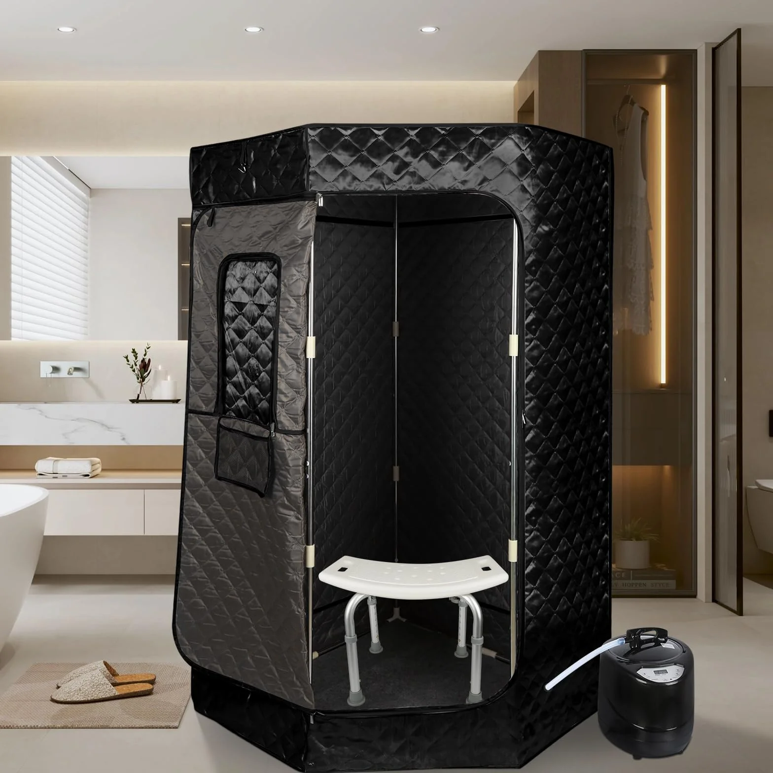 Sauna a Vapore Portatile, Cabina Domestica per SPA, 9 Temperature Regolabili, 0-99 Minuti, Telecomando,per Interna Esterno, Pressoterapia Iinfodrenaggio,90 * 90 * 180 cm (3L) (Nero)