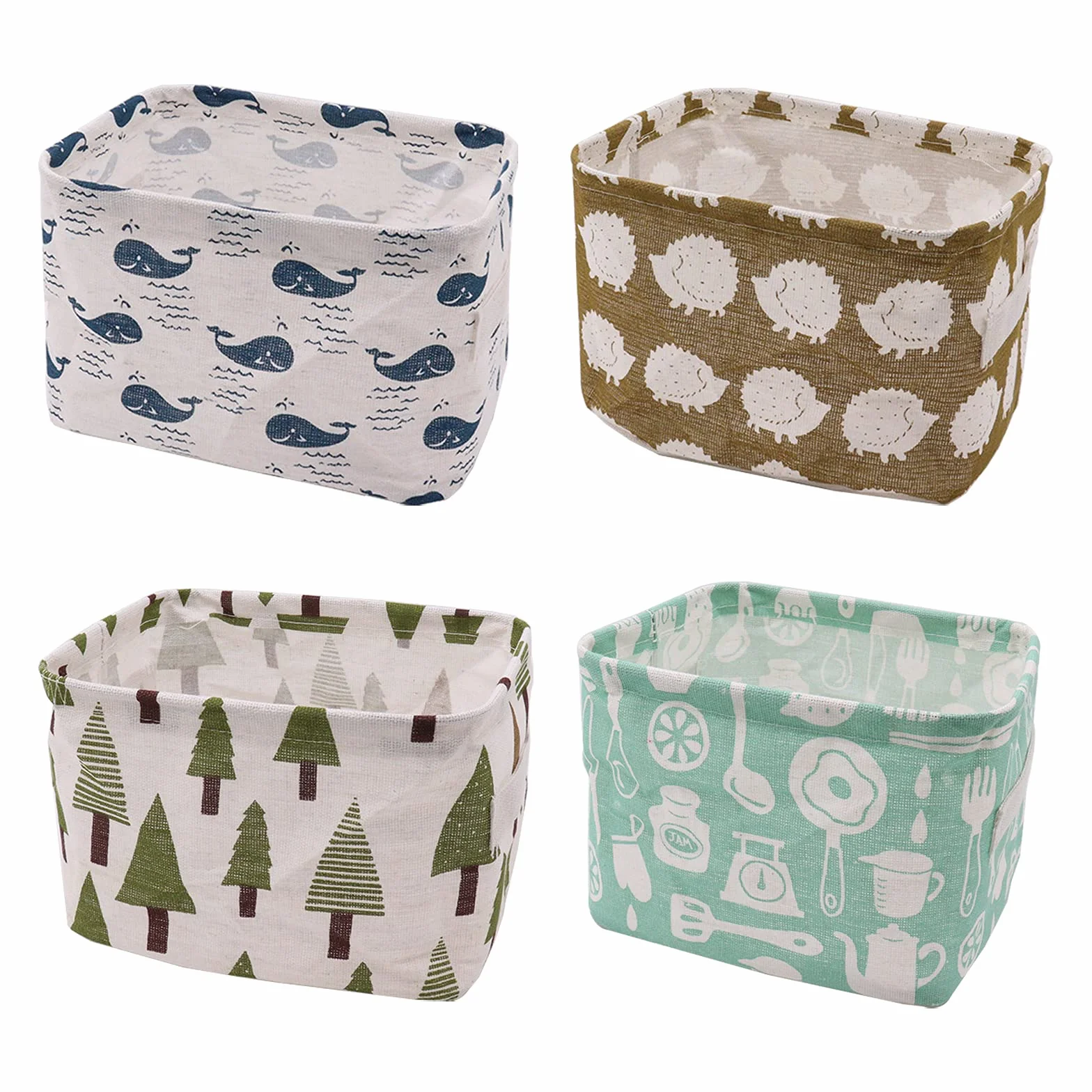 Set di 4 cestini portaoggetti per bambini, in lino, pieghevole, con 2 manici, per riporre la scrivania e la casa, 20 x 16 x 14 cm (alberi, animali)