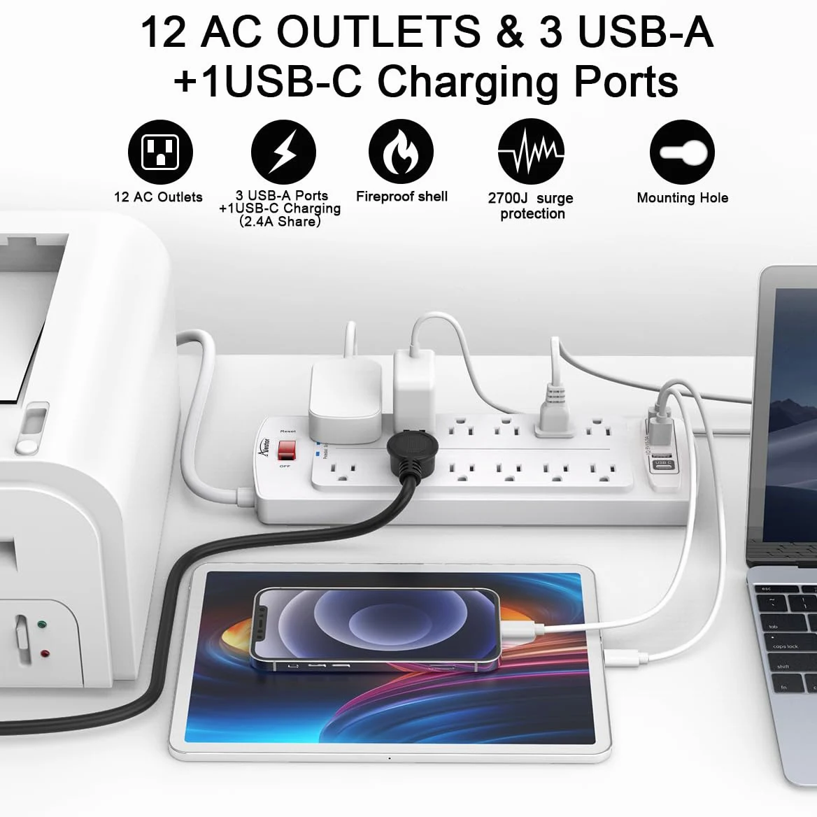 ALESTOR Power Strip, protezione contro le sovratensioni con 12 uscite e 4 porte USB, cavo di prolunga da 6 m (1875 W/15 A), 2700 Joule, ETL, bianco