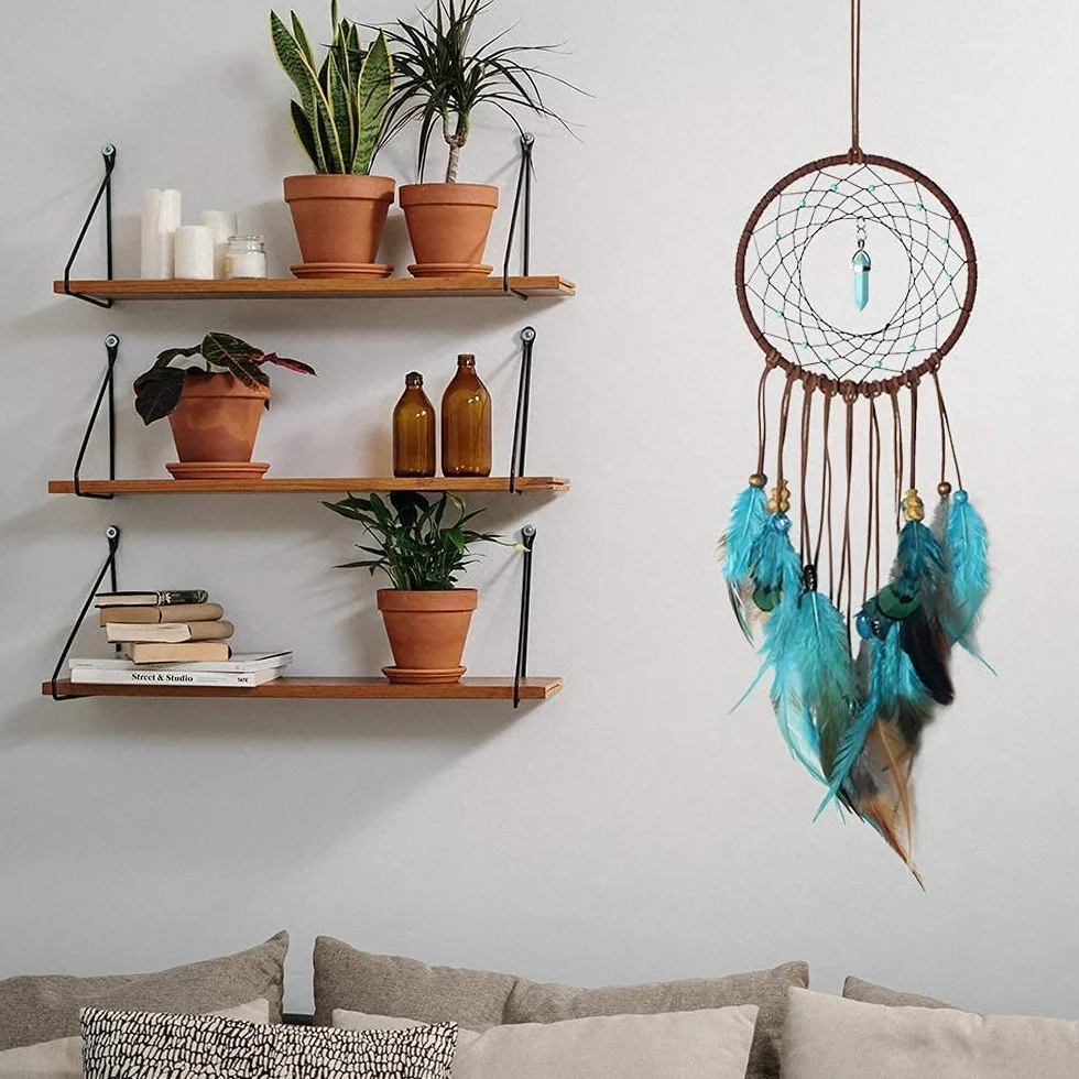 Acchiappasogni Grande Indiano con Piume Blu, Decorazione da Parete per Bambini