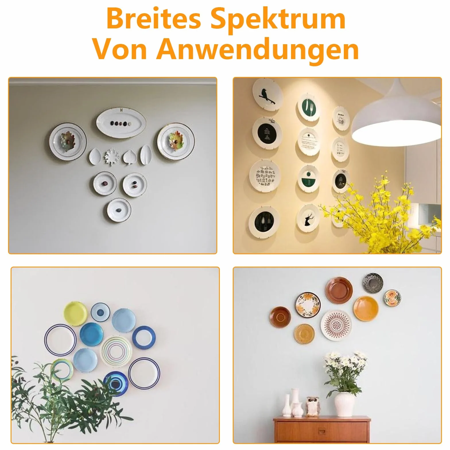 4 pezzi supporti parete forma di W, ganci per piatti da appendere, appendi piatti parete, con 4 chiodi senza lasciare traccia e 16 protezioni per ganci, per appendere piatti decorativi, opere d'arte