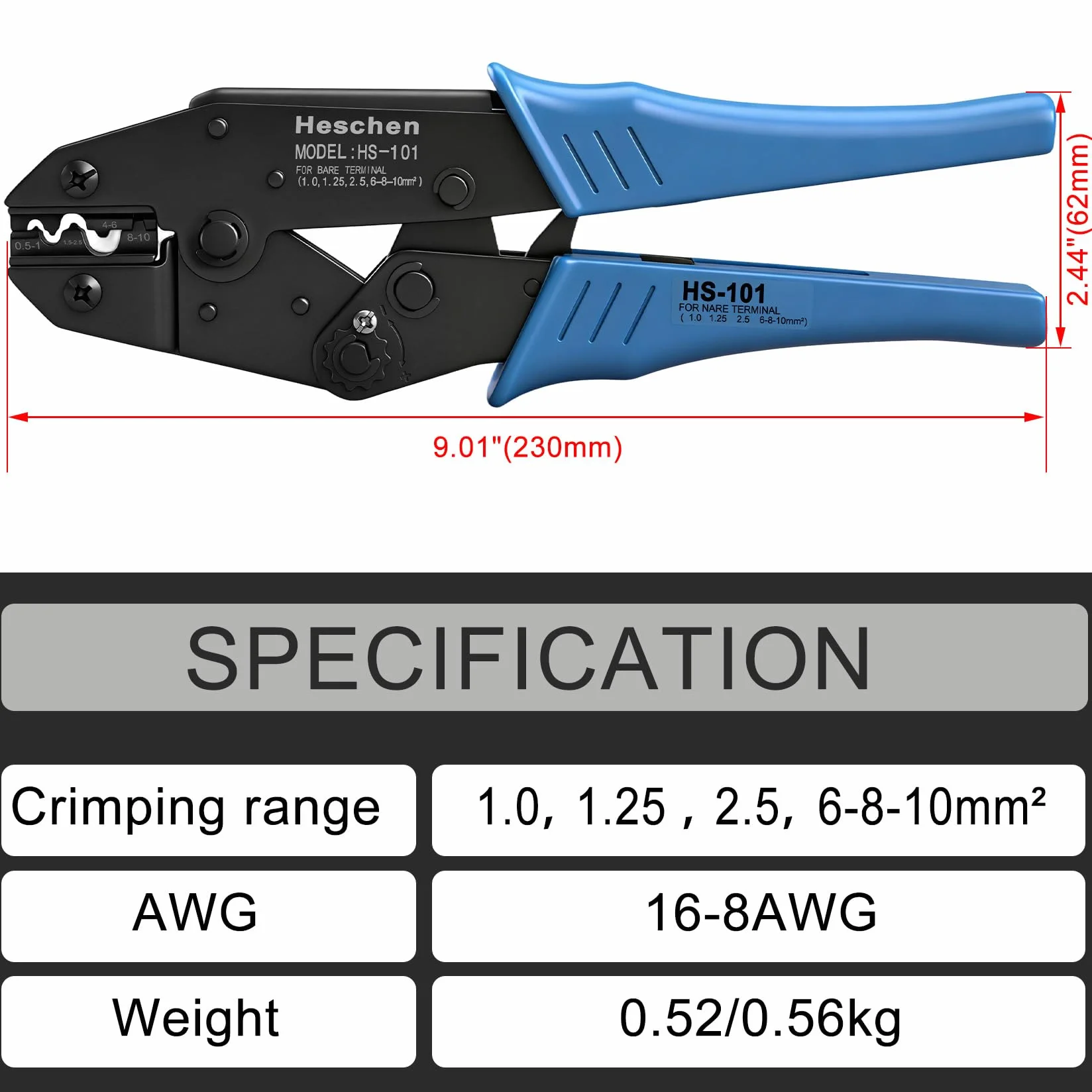 Heschen Pinza per cricchetti a catena HS-101 Terminali per cavi non isolati Strumenti per crimpare Utilizzare per 1,5-10 mm² (15-7 AWG) Blu