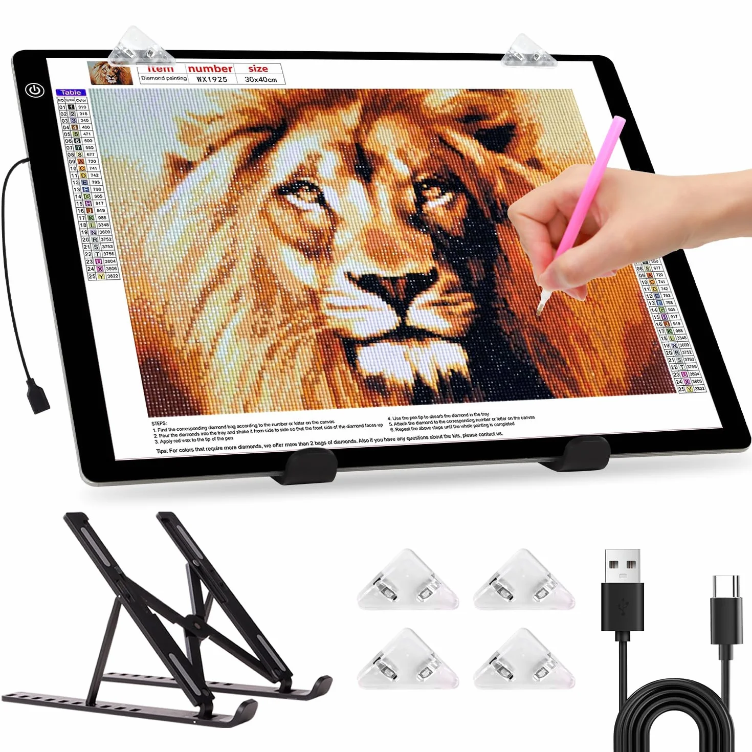 Tavololuminoso Light Pad A3,4800 Lux molto luminoso 5 mm ultra sottile per 5D Diamond Painting, piastra dimmerabile con supporto pieghevole / clip