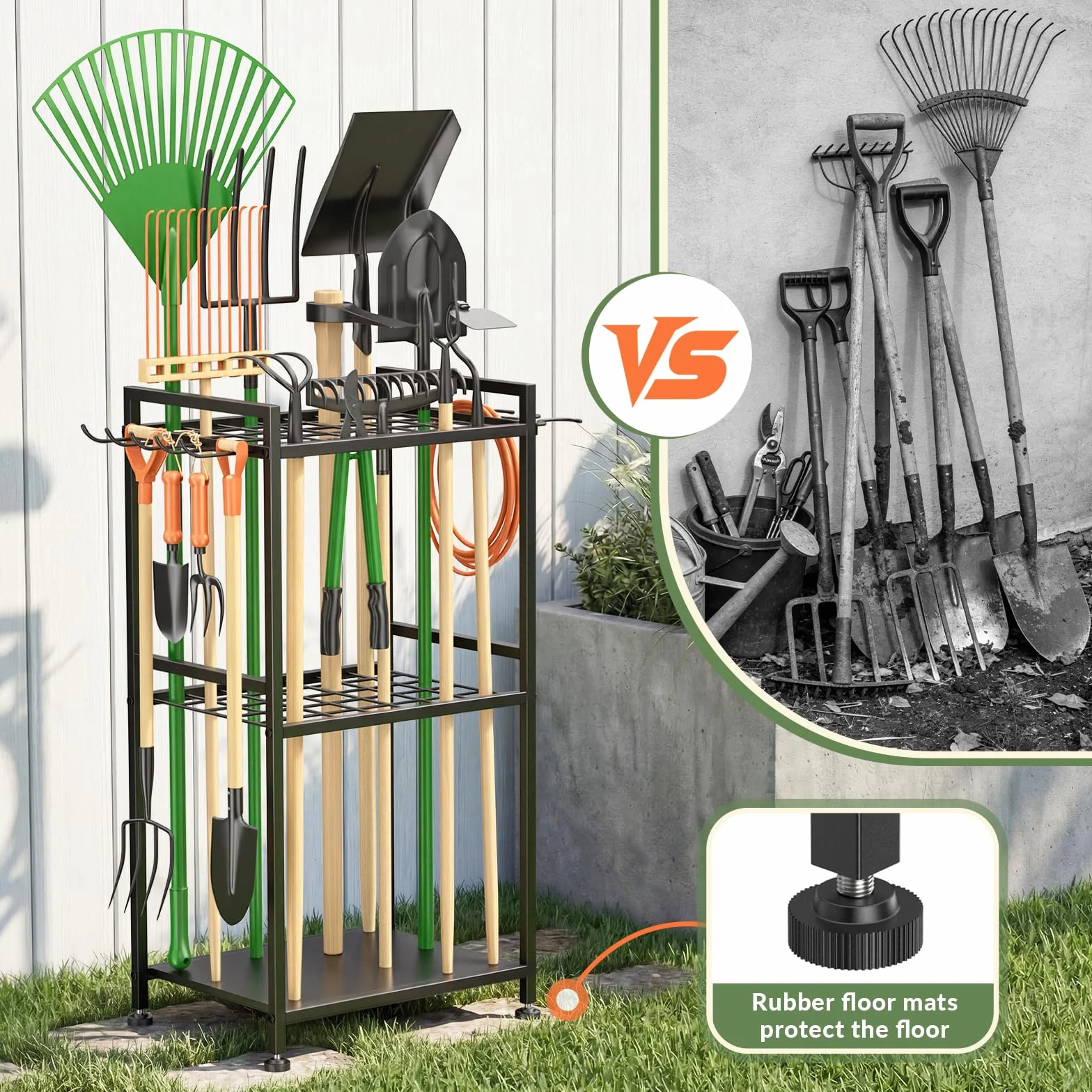 WELDUN Organizer da giardino per garage, supporto per 40 attrezzi a manico lungo, gestione del garage con ganci per capannone, scopa, rastrello, pala, tubo da giardino