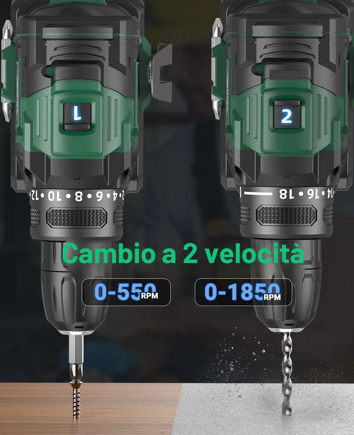 Trapano Avvitatore Batteria Brushless 21V, CEEIGOO Avvitatore a Batteria con 2 Batterie da 2.0Ah, 42N.m di Coppia, 2 Velocità, 18+1 Coppia, 14 Accessori, Luce a LED, Per il fai da te