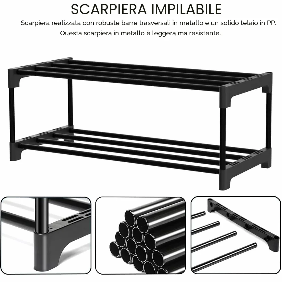 Scarpiera a 2 ripiani, piccola, sottile, con rivestimento antiruggine, adatta per dormitorio, casa in affitto, balcone, scarpiera stretta impilabile