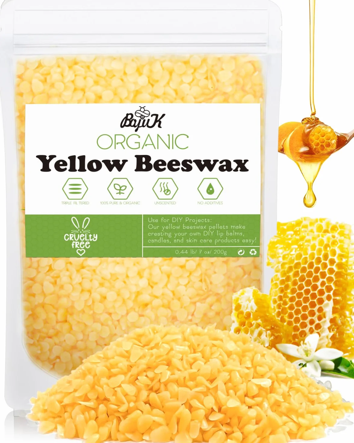 BOYUJK Cera D'api Gialla 200G/906G/2,3KG/4,5KG, Cera D'api per Candele, Pellet di Cera D'api per Prodotti Cosmetici di qualità Ecologica, Cera D'api Biologica per Il Corpo, Cura della Pelle（200G）