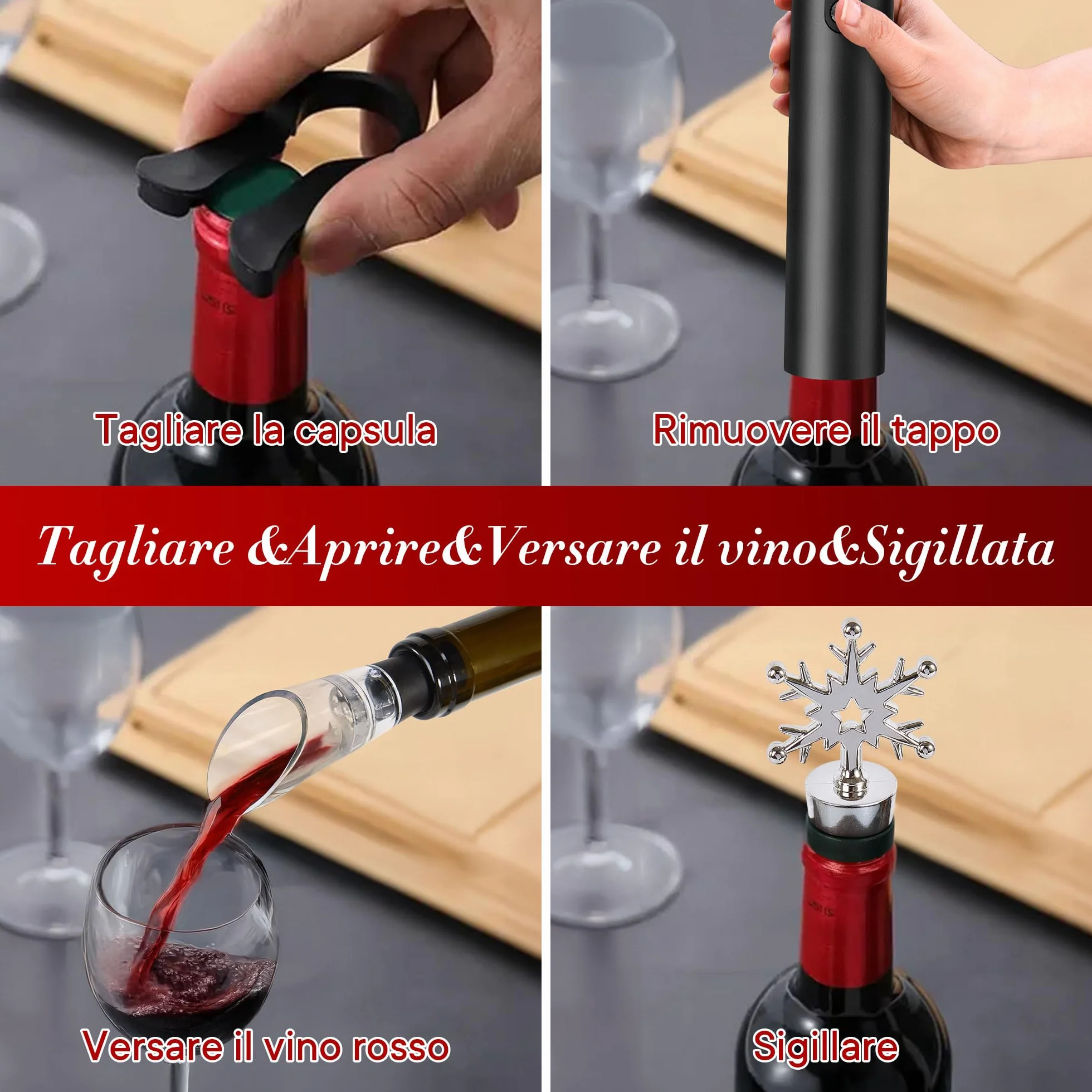 Cavatappi Elettrico per Vino，Cavatappi Elettrico Professionale Automatico, Apribottiglie Elettrico,Set Regalo Apribottiglie Elettrico 6-in-1，Set Regalo per Amanti del Vino