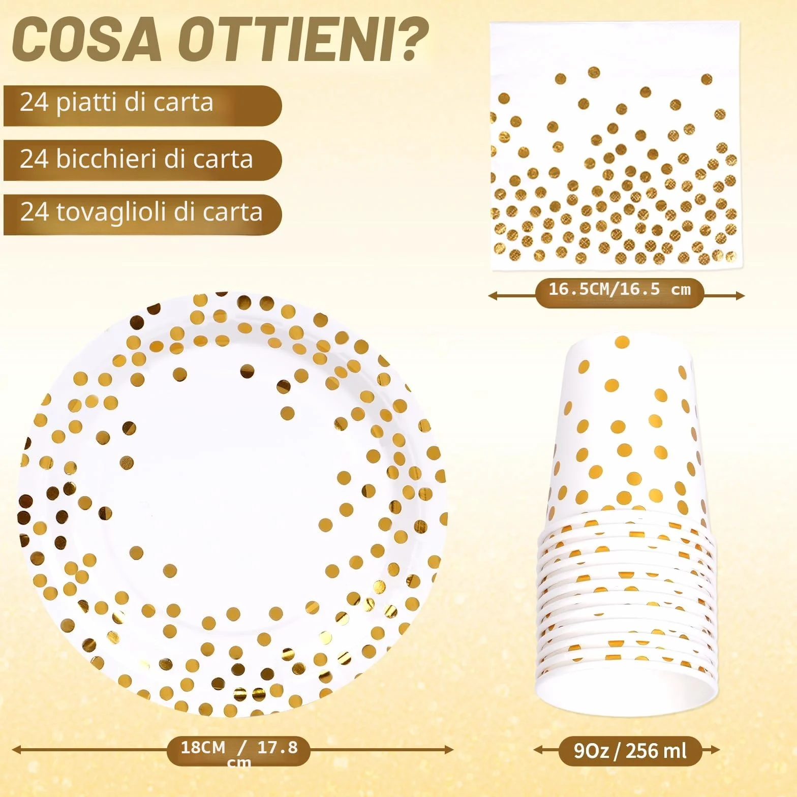Oro Bianco Stoviglie Feste 72 Pezzi Set Piatto Usa e Getta Carta Tazze Tovaglioli 24 Ospiti