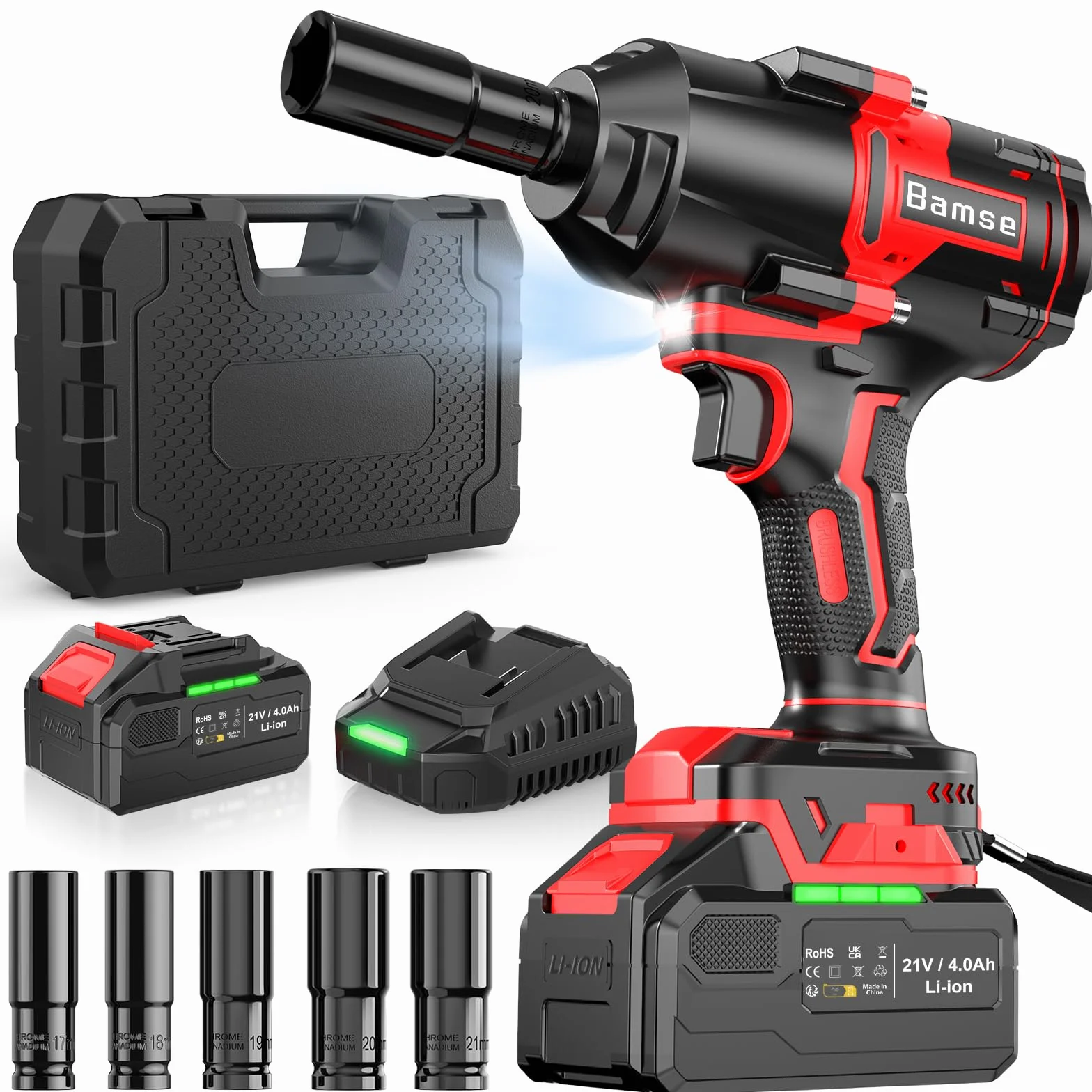 Bamse Chiave a Percussione Brushless 1/2" 1000 Nm 4,0 Ah Set con Bussole e Caricabatterie