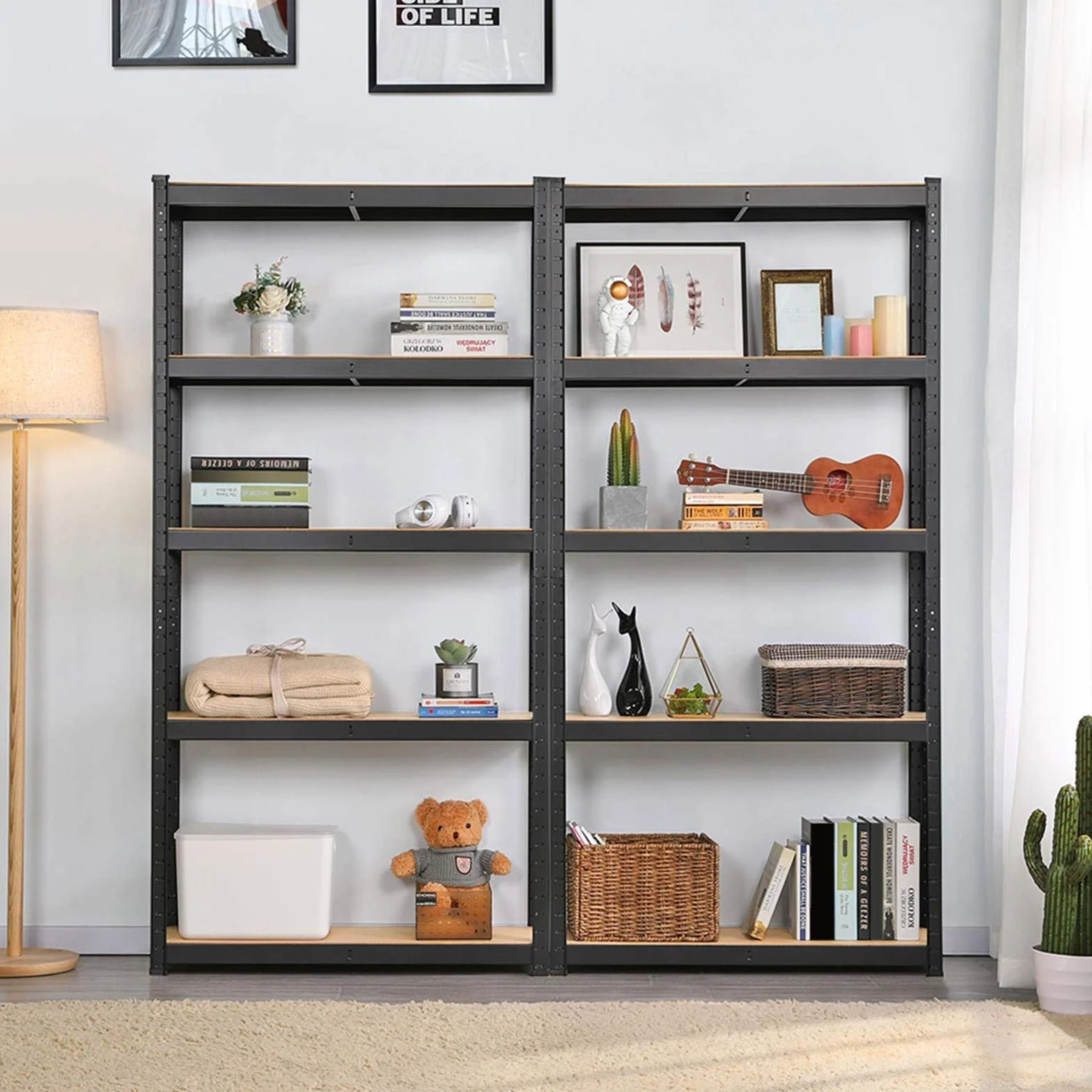 Yaheetech 2 Scaffali/Scaffalatture Metalliche da Garage 180 x 90 x 30 cm a 5 Ripiani in Acciaio Portata 175 kg per Ripiano Mensole da Cucina Magazzino Negozio Salvaspazio Neri