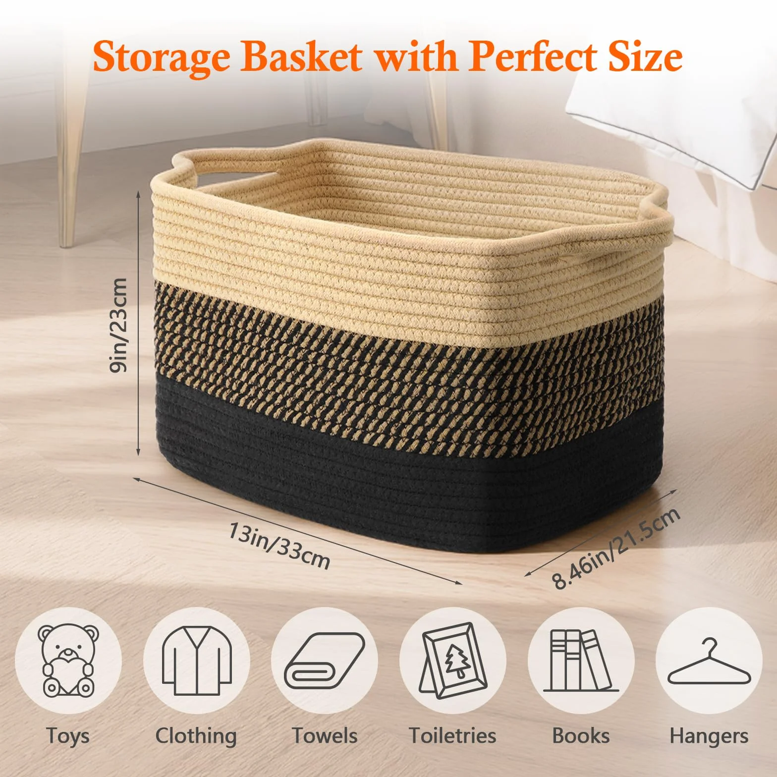 Alyvisun Piccolo Cestino Portaoggetti, Portabiancheria per Camera da Letto, Soggiorno, Stanza dei Bambini, Cesto di Rete in Cotone Rettangolare per Giocattoli, Coperte, Asciugamani, 33x21.5x23 cm