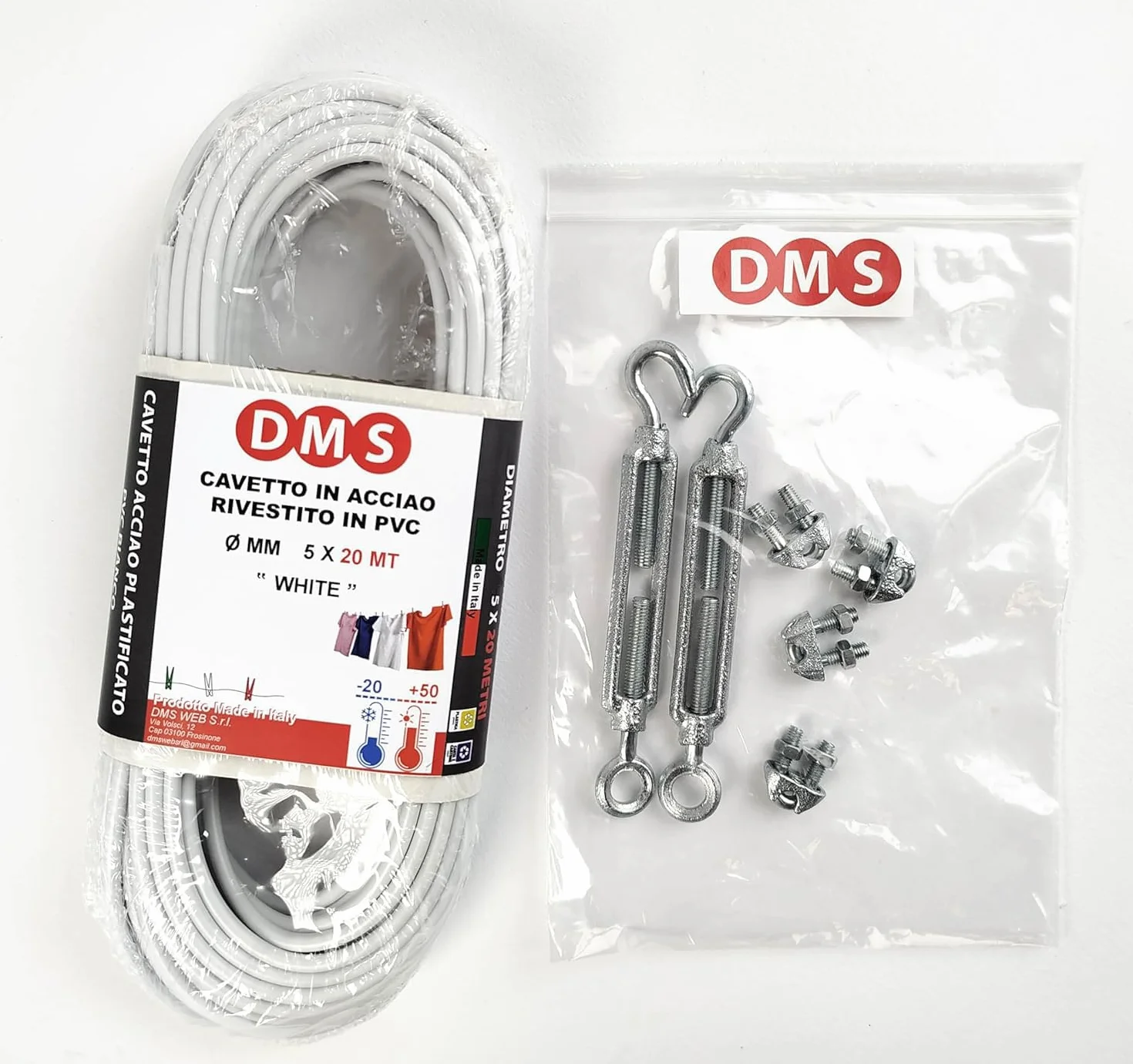 DMS Filo per stendere il bucato da esterno 20Mt - diametro mm 5. Resistente. Cavetto in acciao rivestito, stendibiancheria Prodotto Italiano (20 MT)