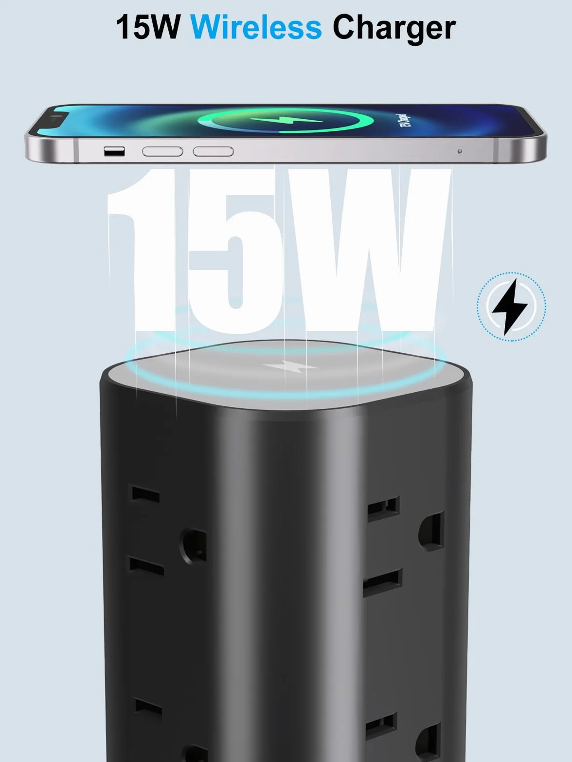 Ciabatta con caricabatterie wireless, protezione da sovratensioni a spina piatta con prolunga da 1,8 m, 12 prese multiple AC, 4 USB (2 USB C), Power Tower