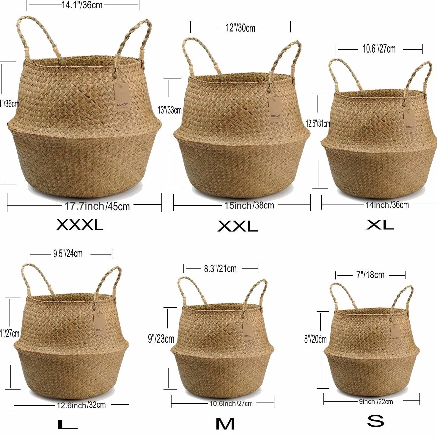 DOKOT Naturale Cesto Seagrass Cesta in Vimini con Manici Cesta Portabiancheria per cameretta per Biancheria da Lavare Piante e Fiori Cannuccia di Grandi Dimensioni