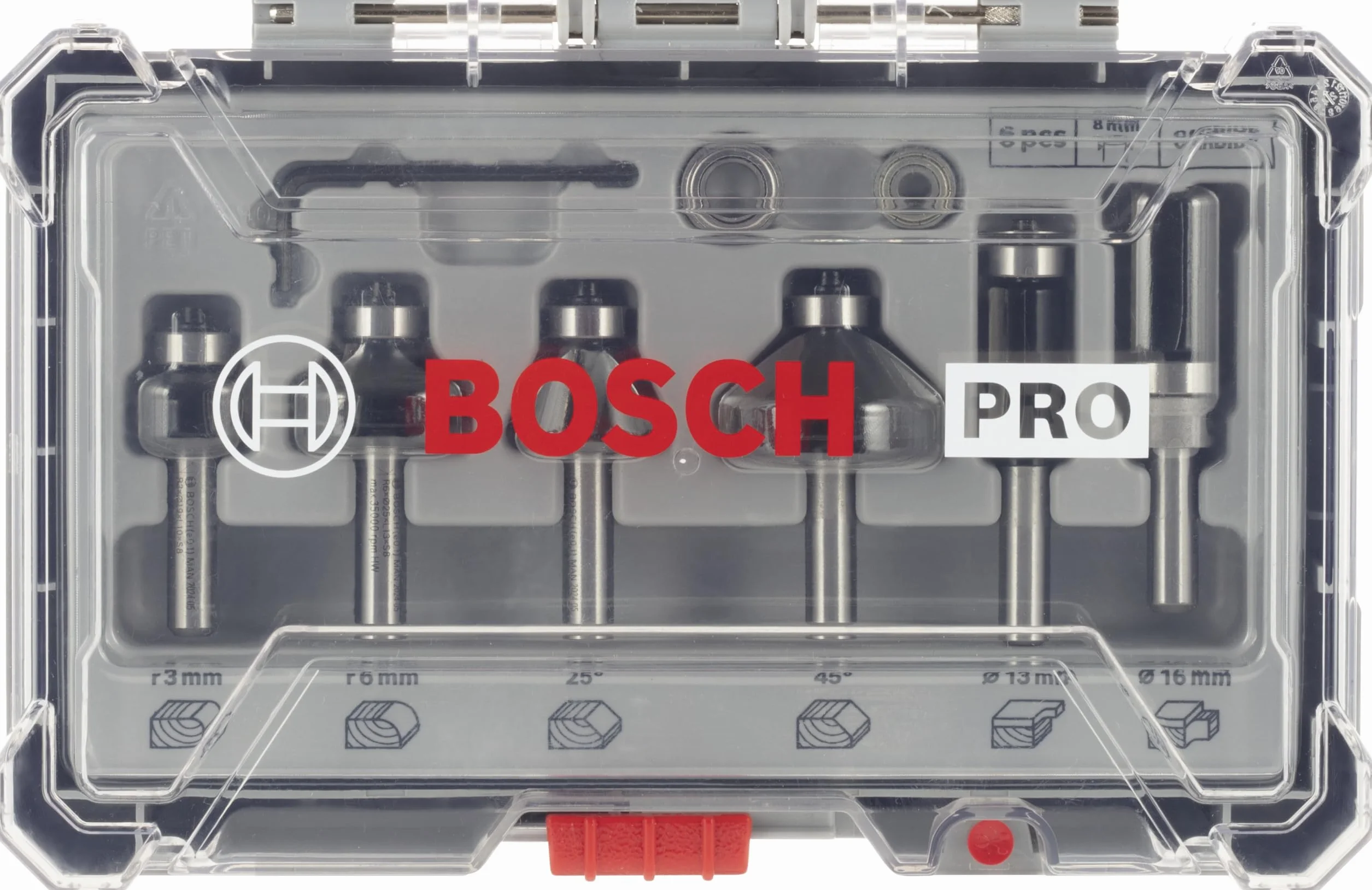 Bosch 6x Set frese per profilare, smussare e scanalare PRO, 6 pz (per Legno tenero, Legno duro, Ø 19, 25, 25, 35, 13, 16 mm, Professional Accessorio Fresatrice portatile, Rifilatore)