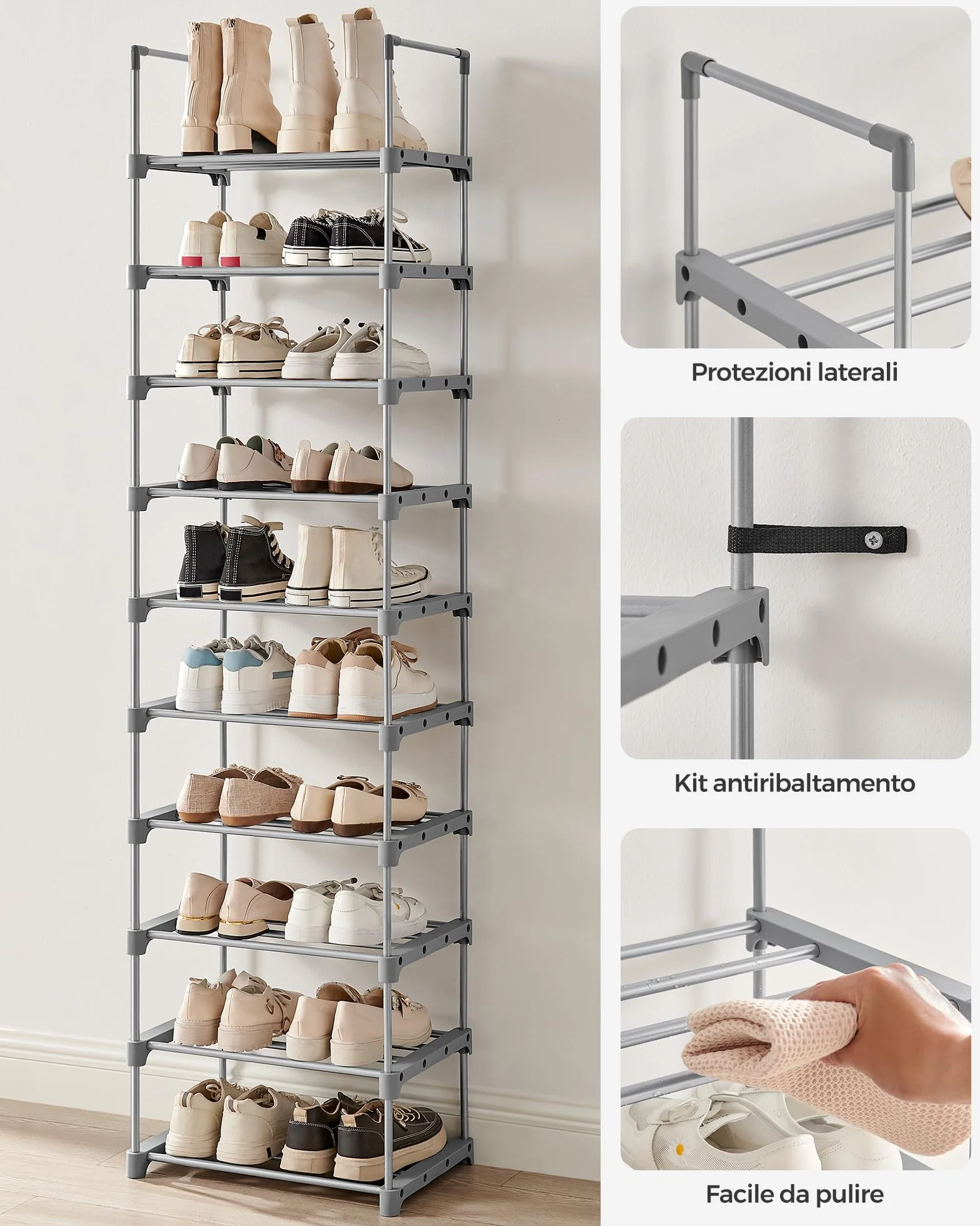 SONGMICS Scarpiera 10 Ripiani Grande Scaffale Portascarpe Metallo 45x30x174 cm Grigio