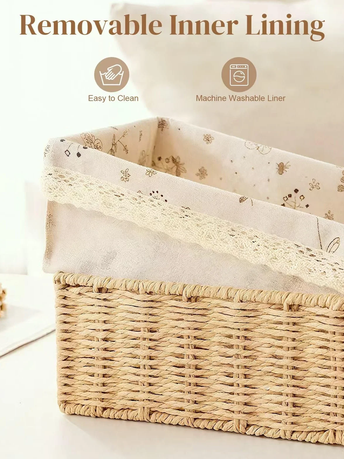 Set di 3 Cestini in Vimini Floreali Intrecciati a Mano, Beige, Cestini Portaoggetti per Organizzare e Decorare