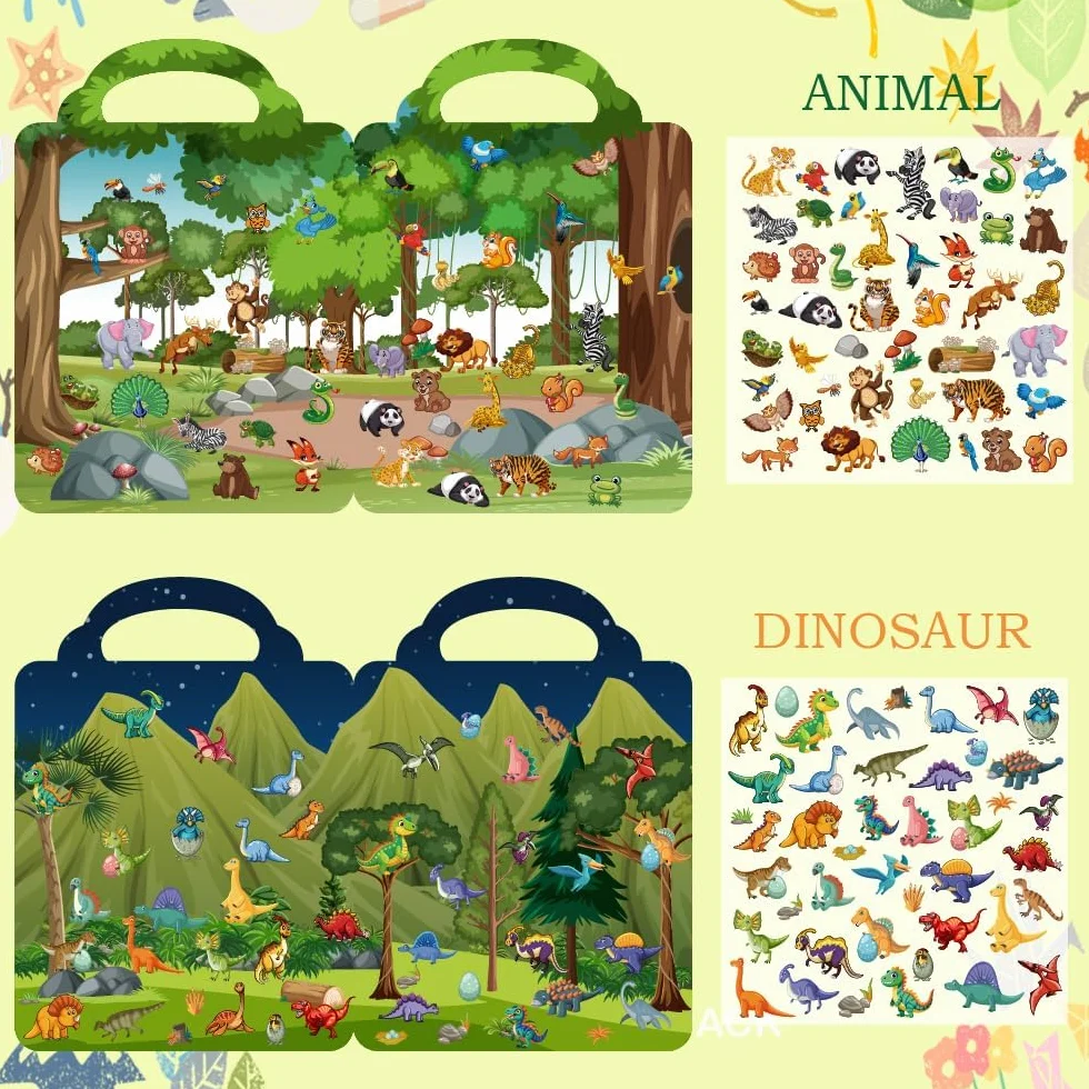 6 Pezzi Libri Stickers Bambini Attacca Stacca Per 2 3 4 5 Anni, Libro Di Adesivi 3D Riutilizzabili Per Bambini include Animali,Fattoria, Dinosauri,Animali Del Mare, Insetti, Parco Divertimenti