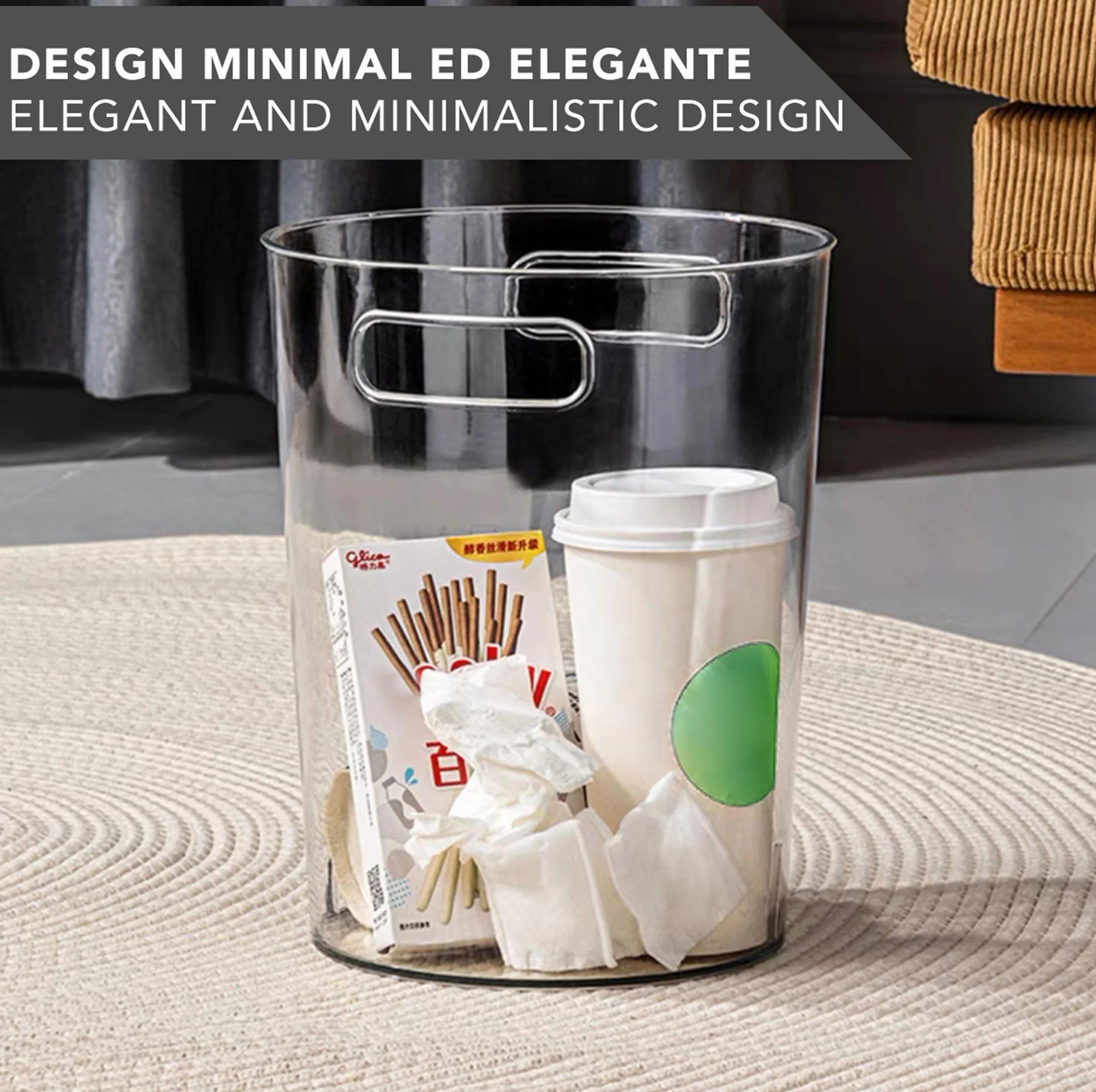 IPEA Cestino per la Carta in Plastica Trasparente - 22 X 19 cm - Design Minimal ed Elegante - Cestino Getta Carta Riciclaggio per Ufficio, Casa, Camera - Cesto Spazzatura per Scrivania, Tavolo