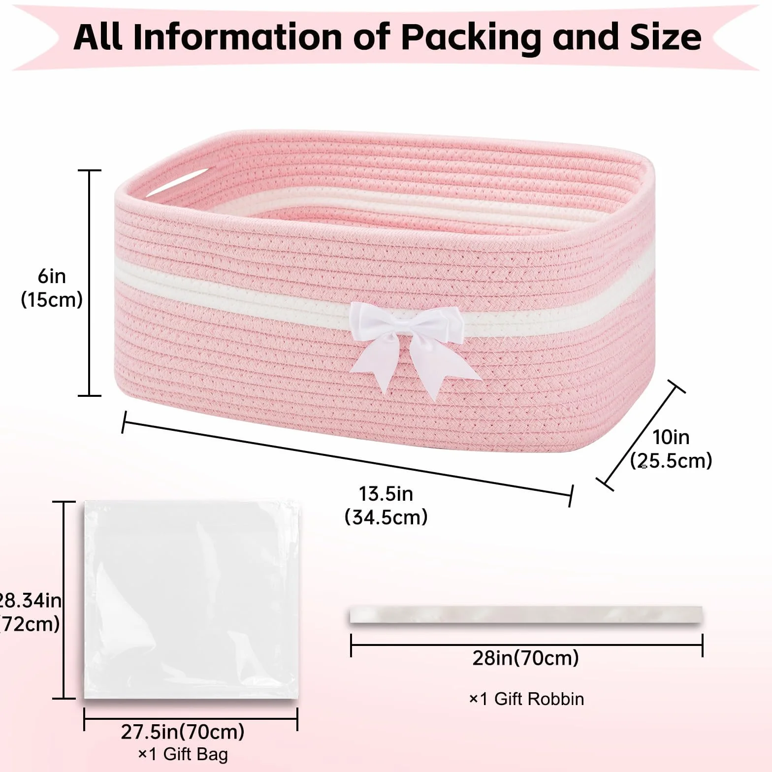 Cestino Portaoggetti Intrecciato Rosa con Fiocco Decorativo, Cesto Regalo Vuoto per Baby Shower, Compleanni, Pasqua, Cameretta, Fasciatoio – Cestino in Corda di Cotone con Manici, 34×15×25 cm