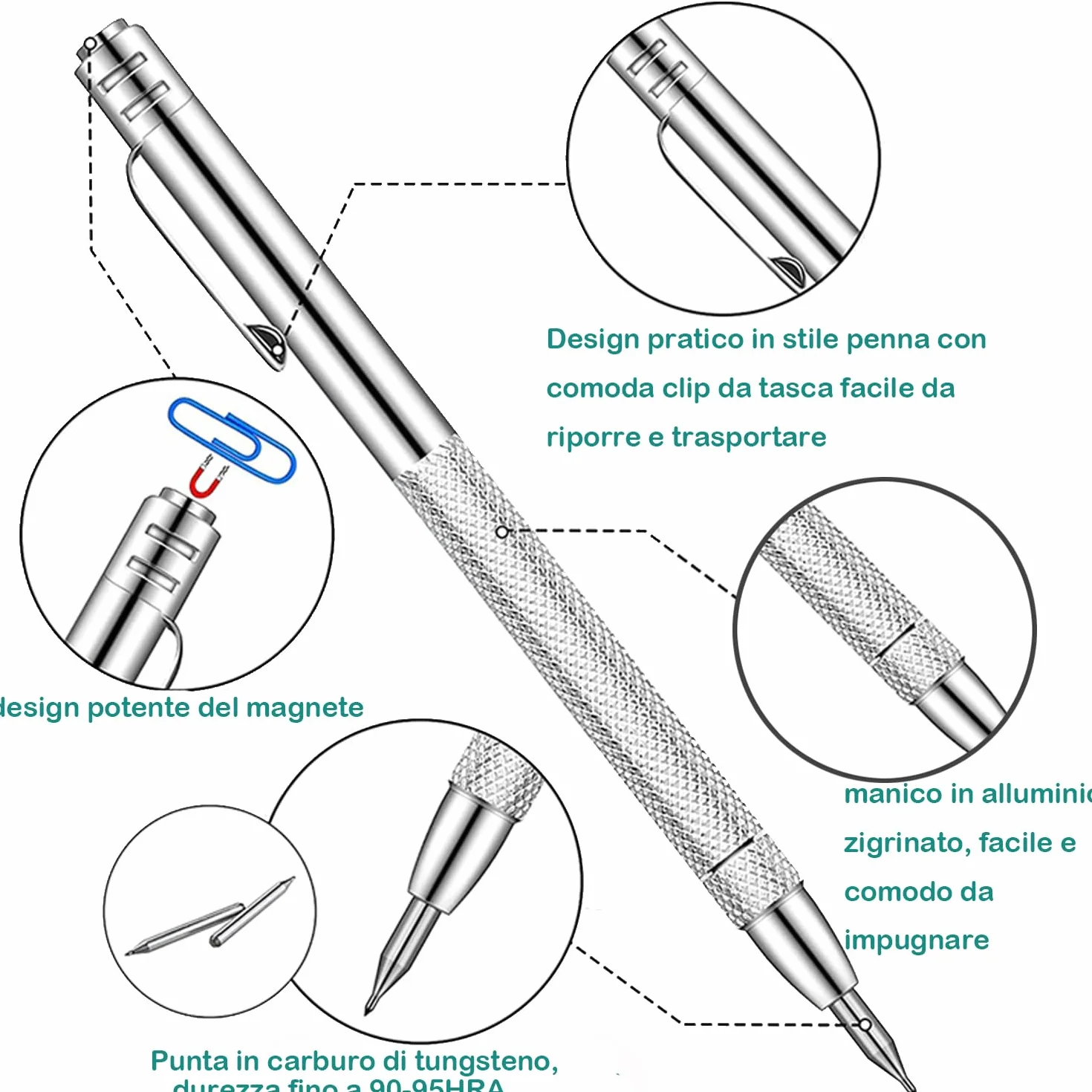 Penne Scriber Professionali (4 Pezzi), Punta in Carburo di Tungsteno, per Incisione Precisa su Acciaio Inox, Vetro, Ceramica, con Clip e Magnete (Argento)