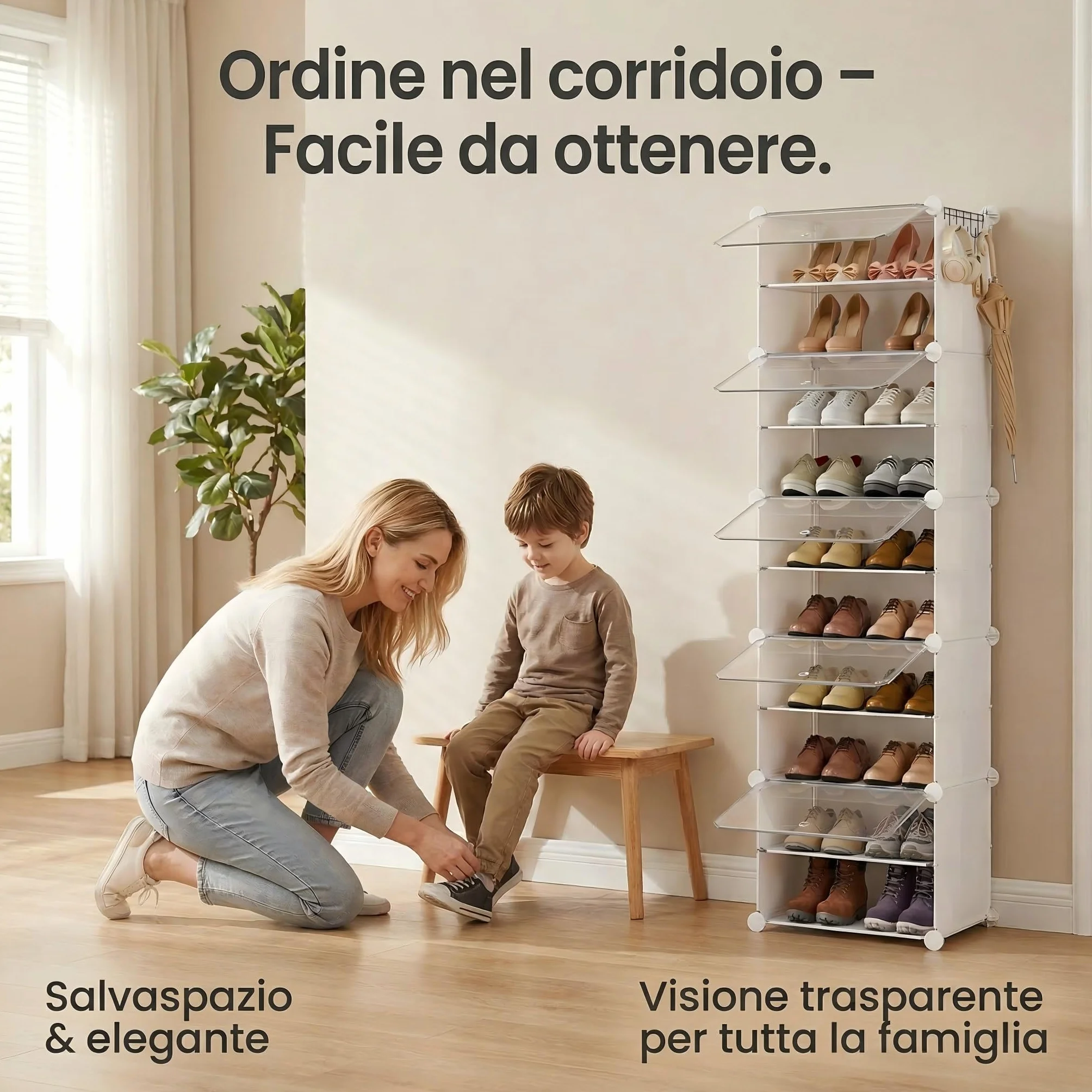 Scarpiera salvaspazio slim alta e stretta a 10 livelli con porta, scarpiera modulare in plastica chiusa bianca, mobile per scarpe ingresso fai da te per corridoio camera da letto