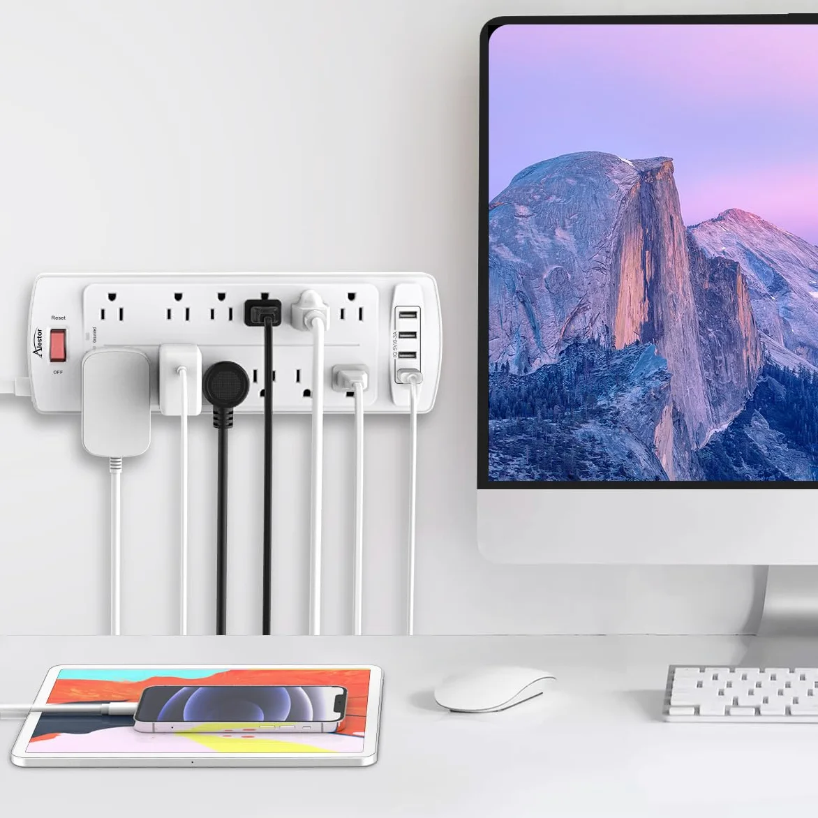 ALESTOR Power Strip, protezione contro le sovratensioni con 12 uscite e 4 porte USB, cavo di prolunga da 6 m (1875 W/15 A), 2700 Joule, ETL, bianco