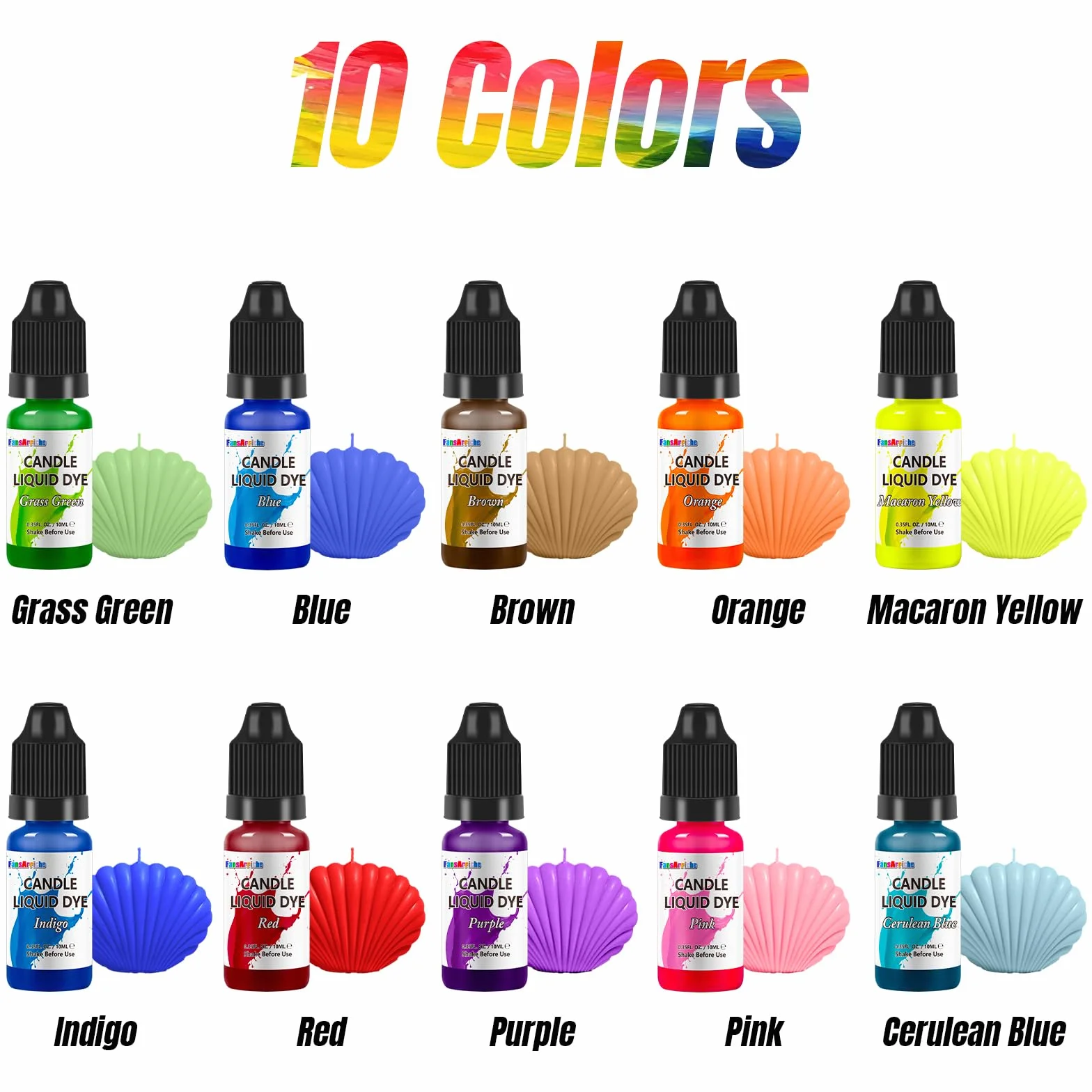 FansArriche Coloranti per Candele, 10 colori colorante per candele fai da te, Colori a Cera per cera gel, paraffina, cera di soia, tintura di cera di candela, 10 ml