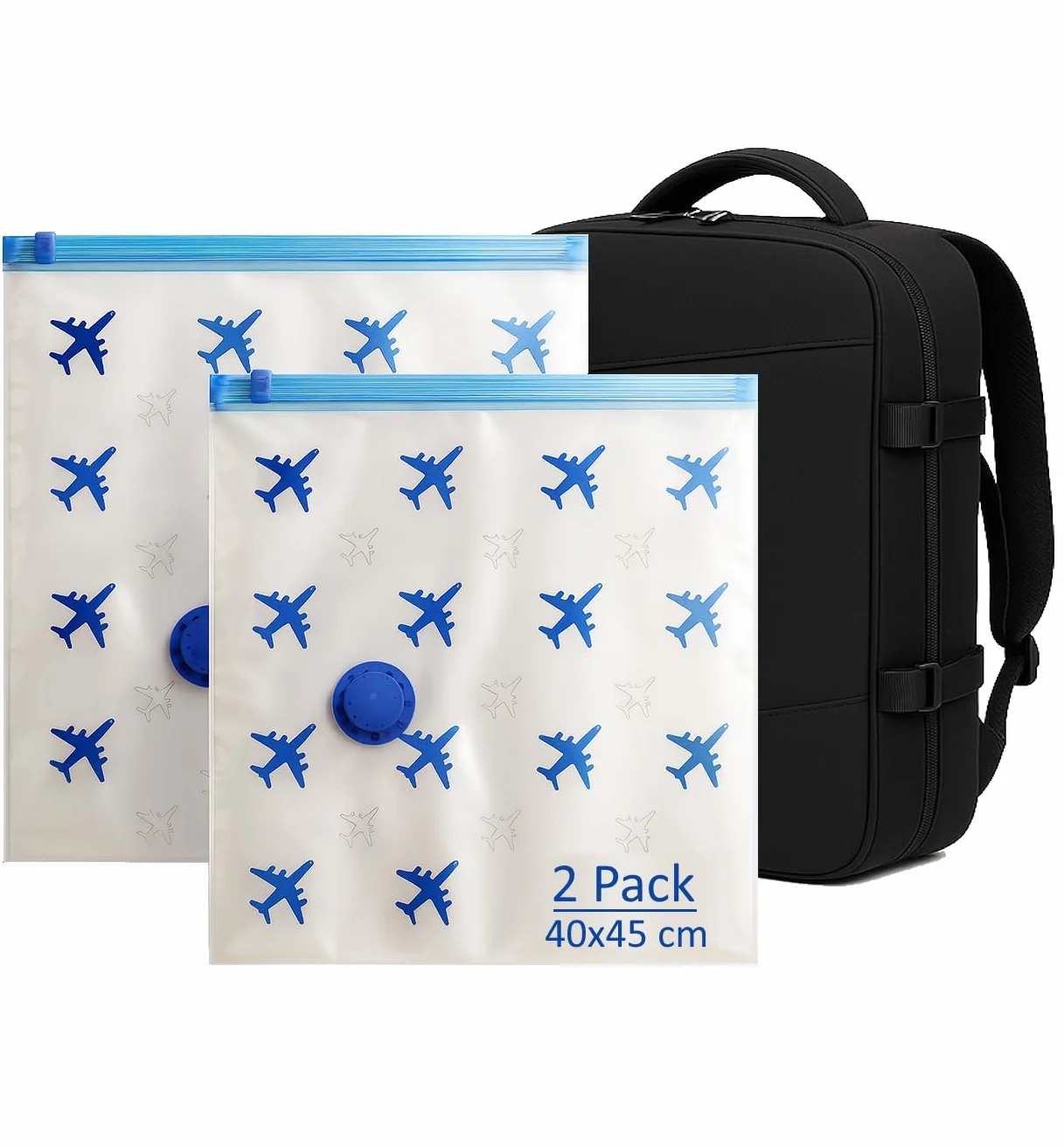 Lavatelli - Set 2 Sacchetti Sottovuoto da Viaggio 40x45 cm, Compatibili con Zaino Ryanair 40x30x20 e Bagaglio a Mano, Sacchi Salvaspazio con Valvola Universale, Accessorio Travel per Voli Low Cost