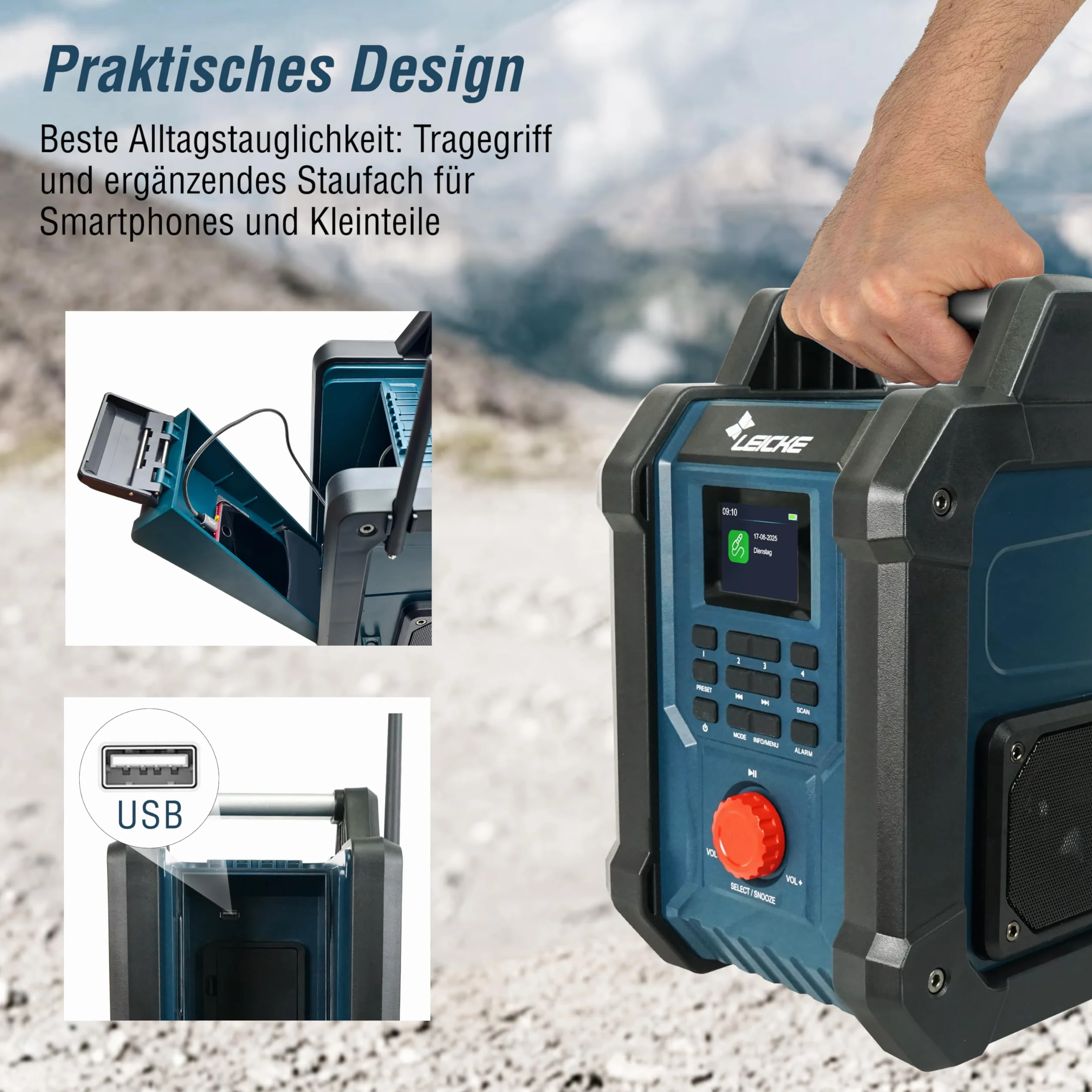 LEICKE Radio da cantiere DAB/DAB+/FM con Bluetooth, batteria 4000 mAh e caricabatterie inclusi, 2 altoparlanti da 15W e display LCD da 2,4 pollici