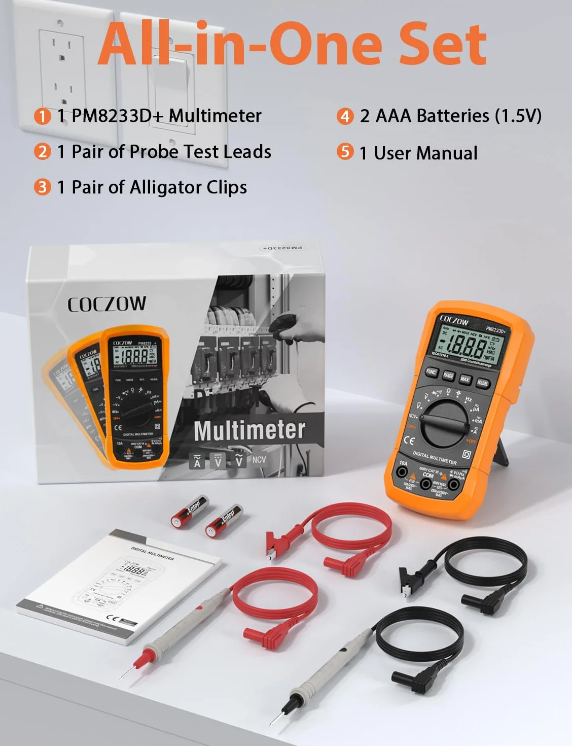 Multimetro Digitale Multi Tester Voltmetro Amperometro Ohmmetro con Morsetti a Coccodrillo Cavi di Prova Retroilluminazione