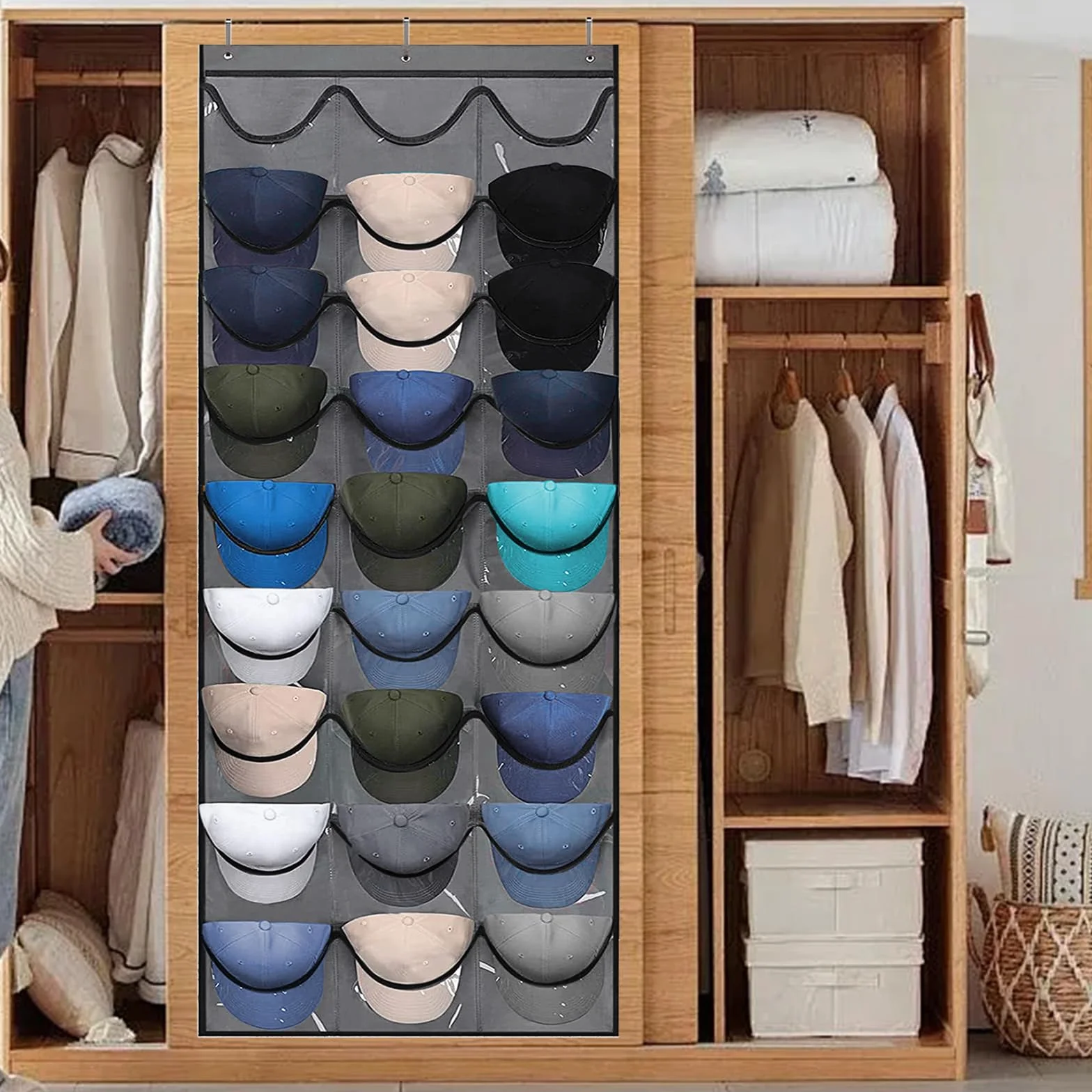 Porta Cappellini da Porta con 27 Tasche, Appendi Cappelli Baseball Cap Holder Grigio