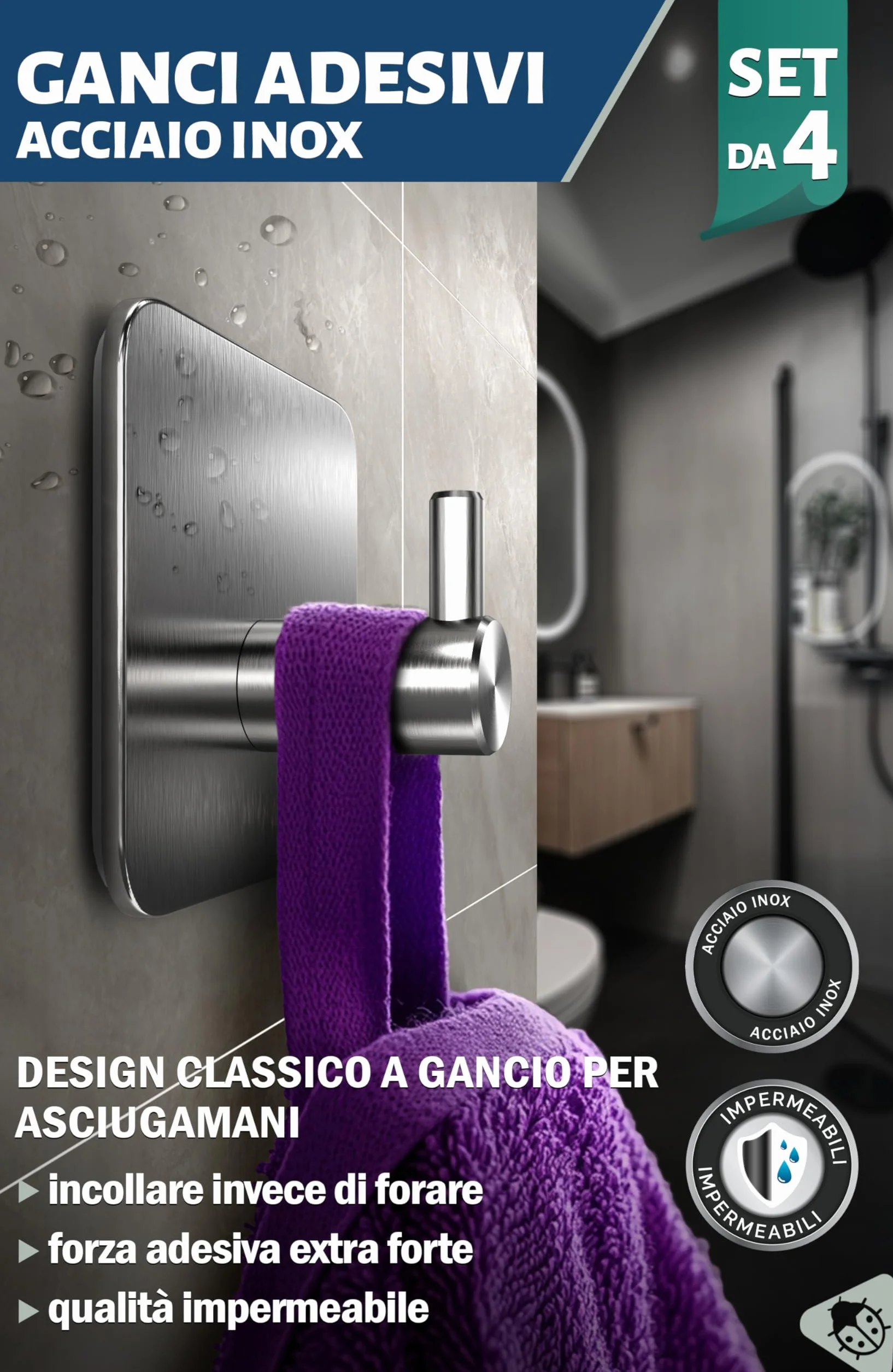 Menz Ganci Adesivi Bagno Set di 4 - Adesivi Acciaio Inox Impermeabili per Cucina e Pareti Argento