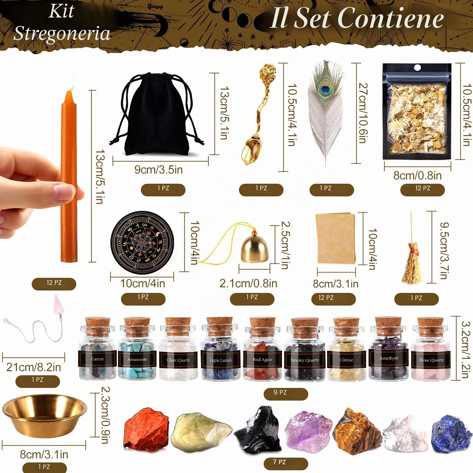VIPNAJI Oggetti Kit 64 Pezzi Forniture per Stregoneria, per la Preghiera, Bottiglia dei Desideri di Cristallo, Fiori secchi, Materiali Medicinali,Incantesimi, Magia, wicca accessori, Kit per streghe