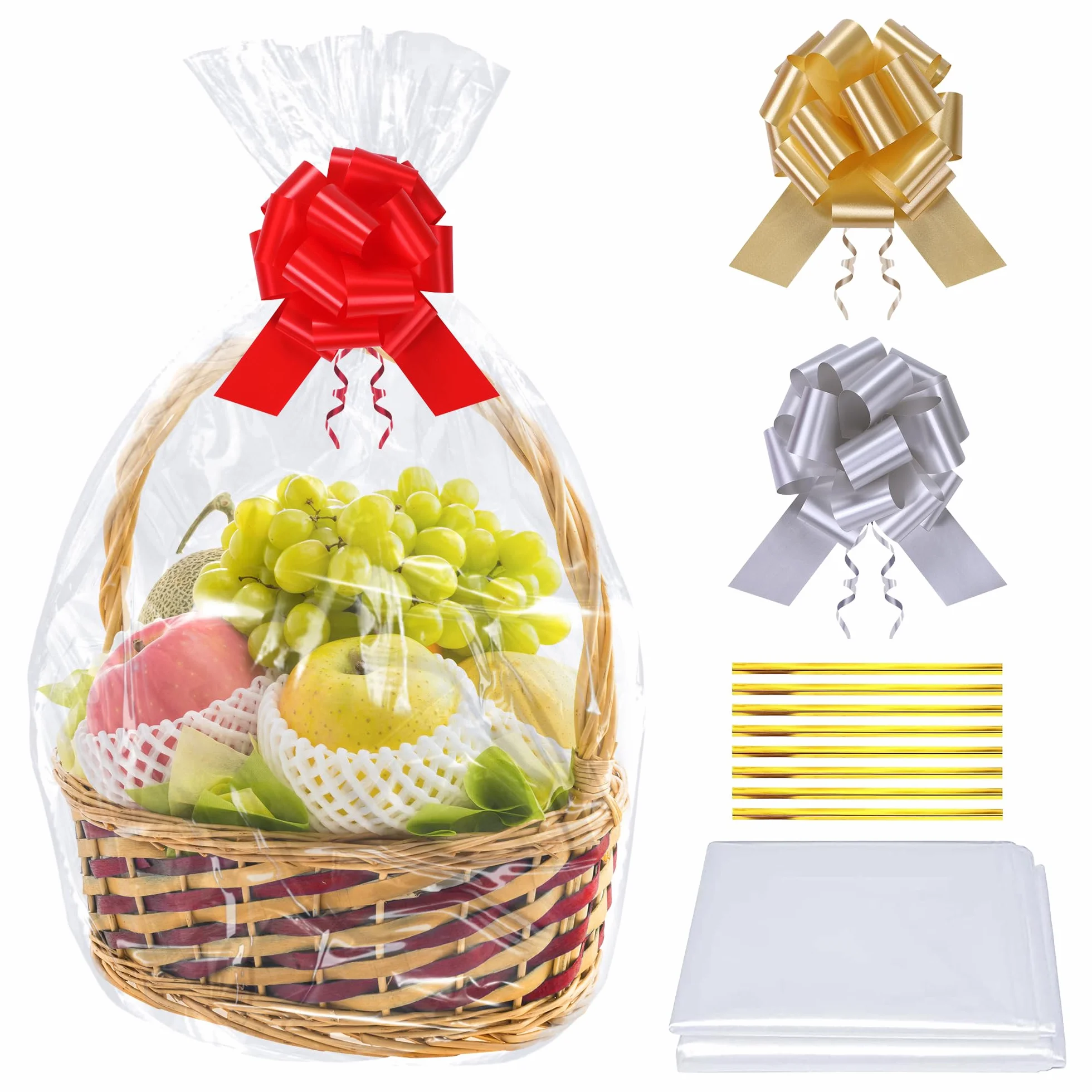 GXFCING Set di Sacchetti Grandi in Cellophane per Cesti Regalo, Inclusi 6 Sacchetti di Plastica da 100 x 70 cm e 6 Fiocchi e Lacci, Sacchetti di Carta Trasparenti per Cesti e Bouquet