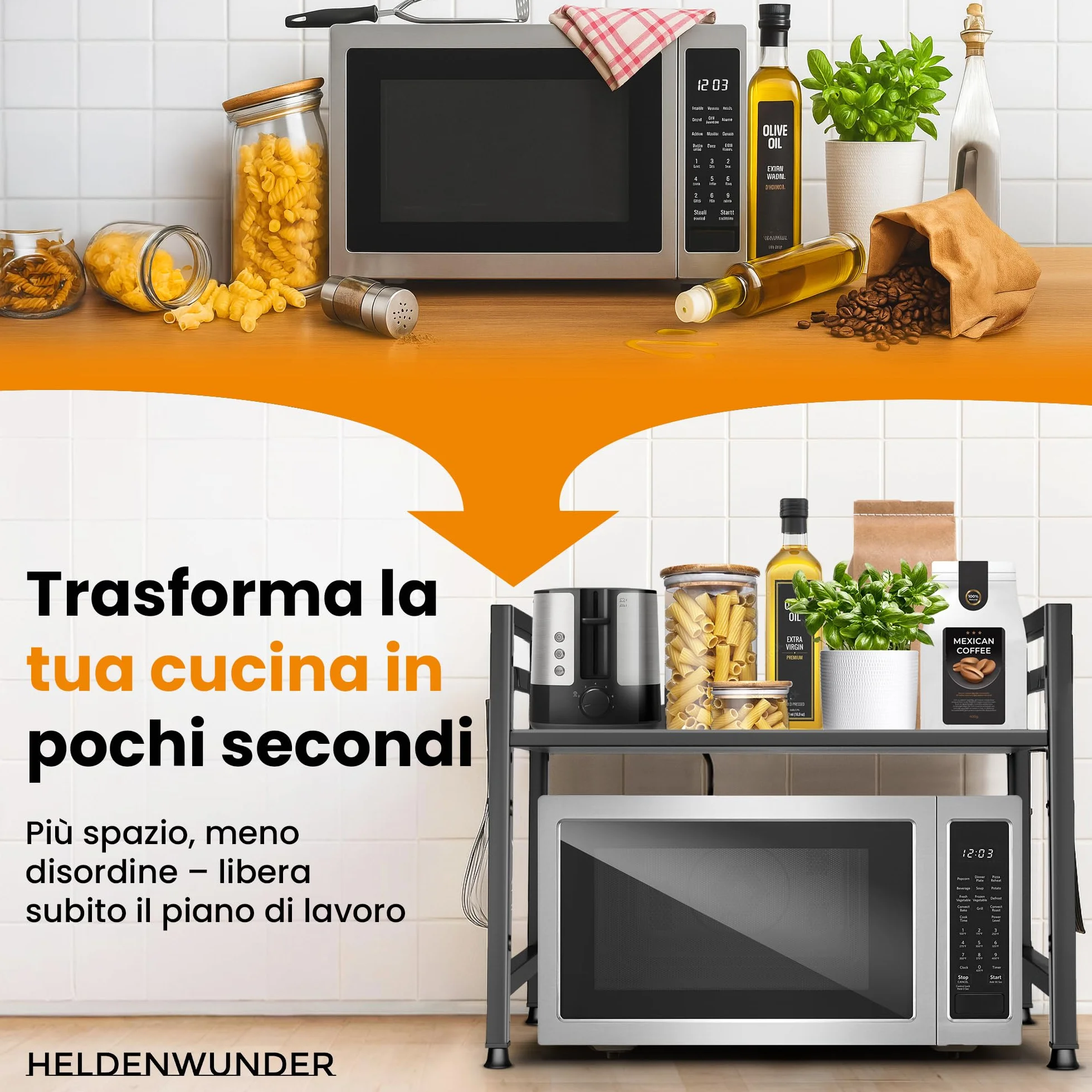 Heldenwunder Mensola MobileCucina Salvaspazio Acciaio (2 Ripiani) | Organizer Forno Mobiletto Scaffali | Supporto Microonde Regolabile + Video Guida, Ganci – Nero