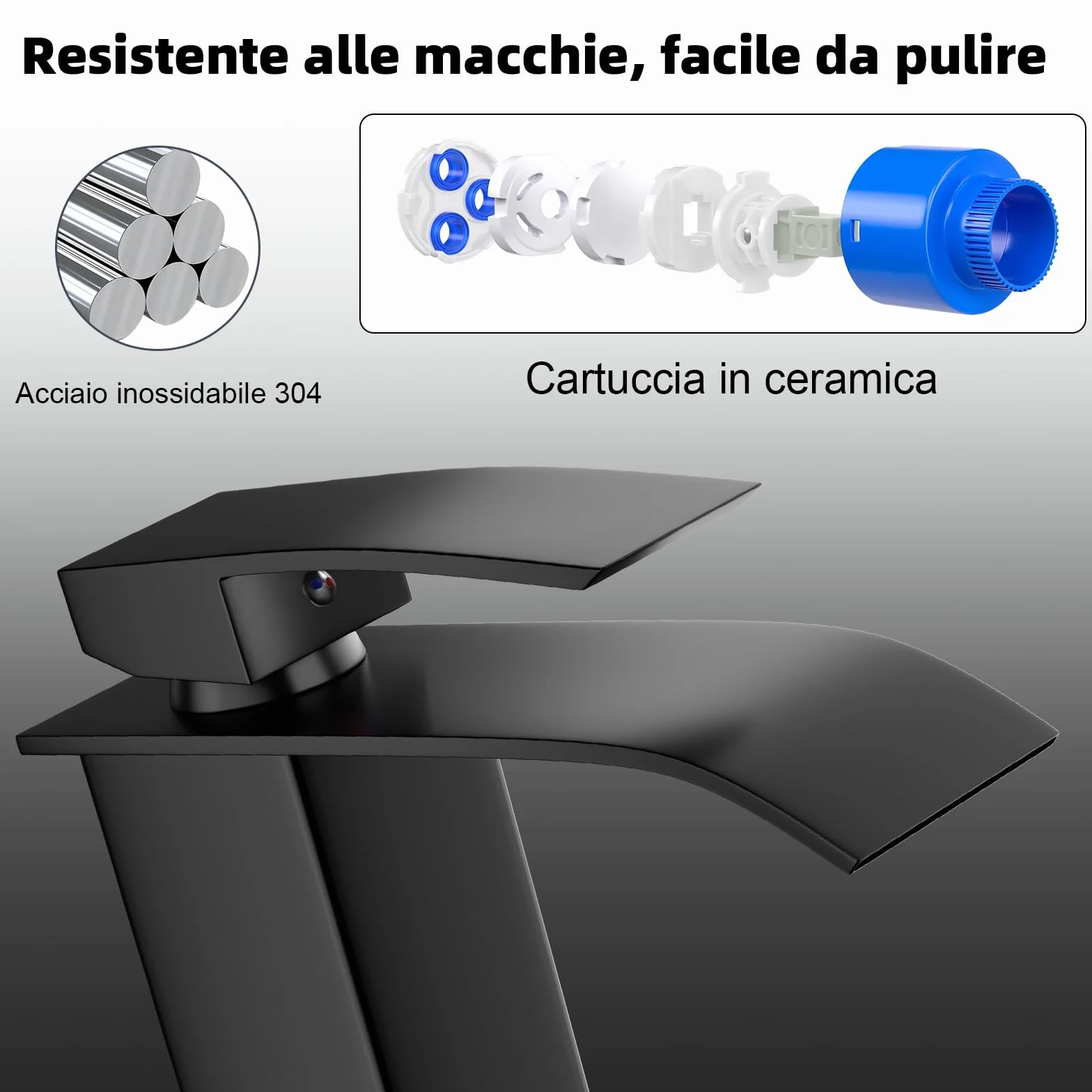 VOLTIX Rubinetto per Bagno a Cascata - Miscelatore Monocomando per Lavabo con Risparmio Idrico - Regolabile per Acqua Calda e Fredda - Rubinetto Lavabo Moderno Design Elegante per Bagno (Nero/Alto)