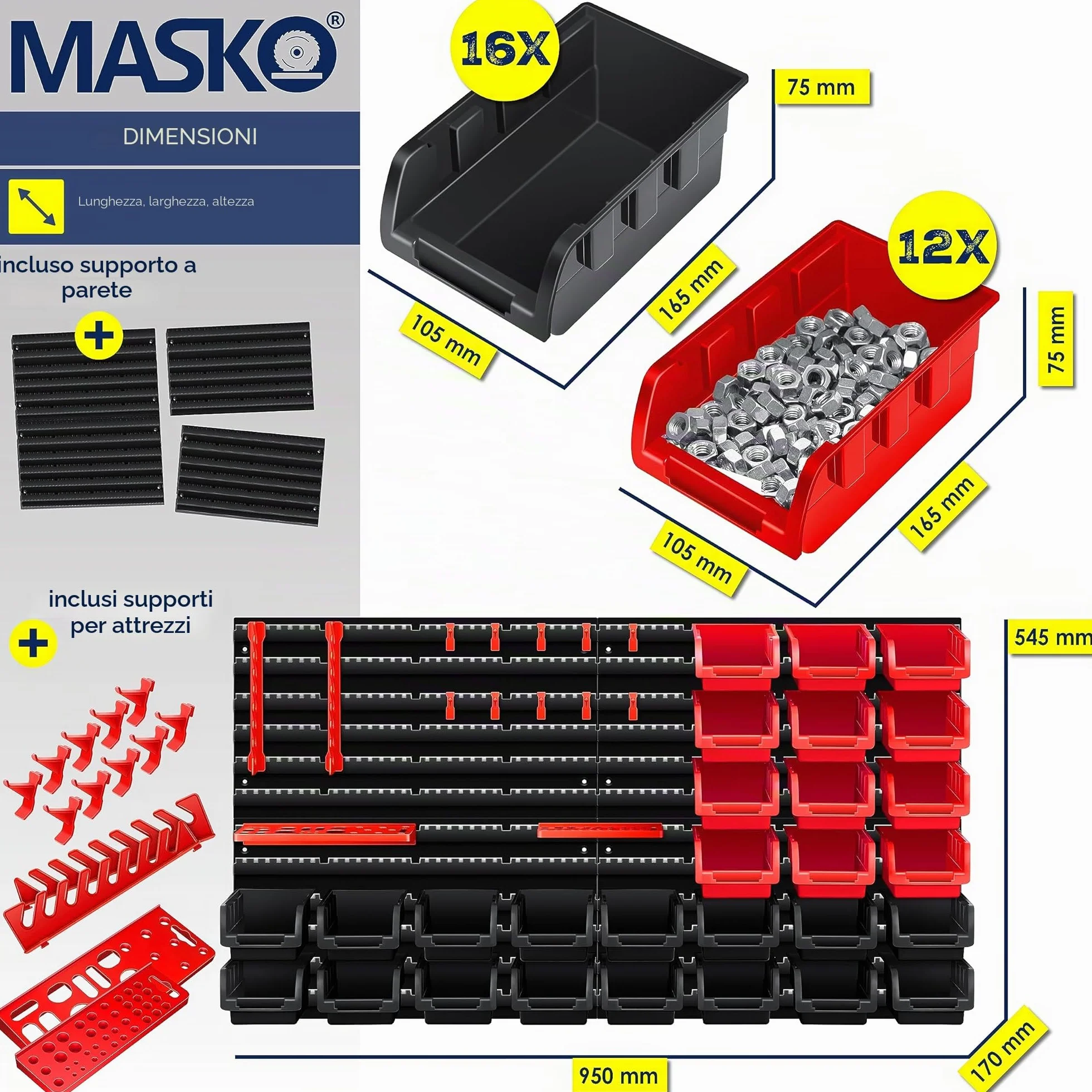 Masko® Scaffale da parete + Scatole impilabili + Portautensili, Espandibile, Scaffale da officina, Scatole portaoggetti visibili, 45 Parti - Nero/Rosso