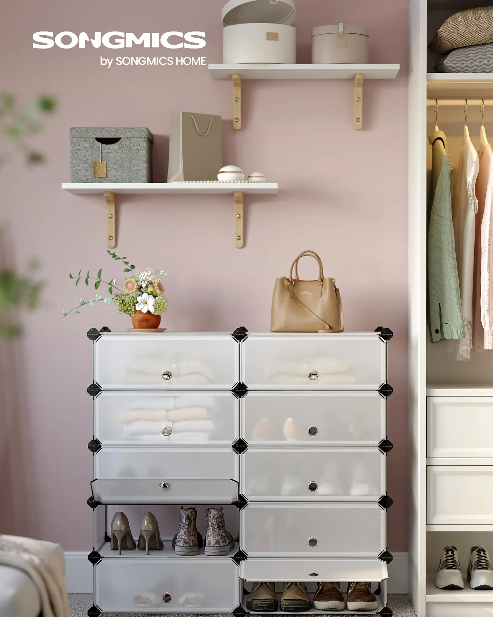 SONGMICS Scarpiera a 10 Scomparti, Scaffale Componibile in Plastica, Armadietto Portascarpe Fai da Te con Ante e Martelletto, Mobiletto Porta Scarpe, Bianco LPC10W