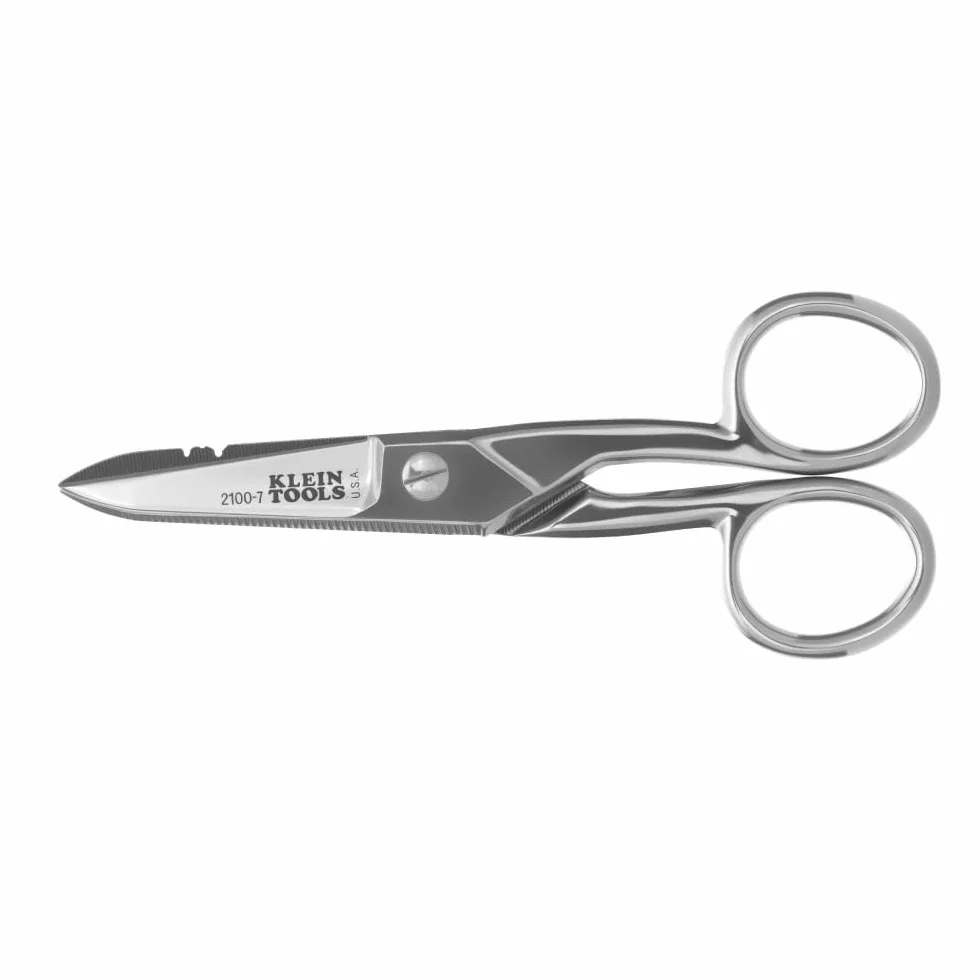 Klein Tools 2100-7 | Forbici da elettricista nichelate | Intagli 0,91 mm² e 0,26 mm² | Lama dentellata | Raschietto e lima | Acciaio resistente | 13,3 cm