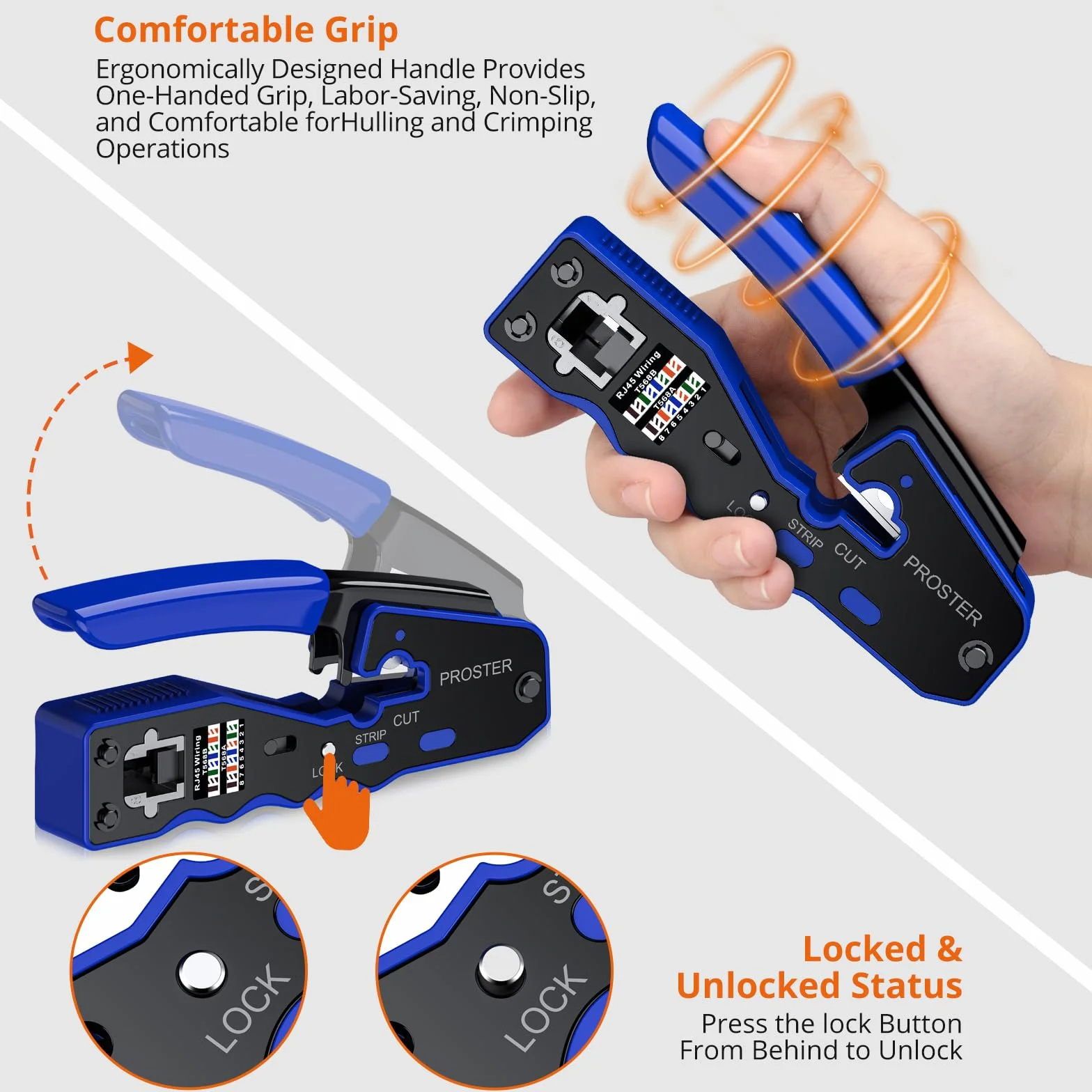 Proster Pinza Crimpatrice RJ45 Pass Through Multifunzione Spelafili per Cavo Rete Cat5 Cat5e Cat6 Cat6a Kit Strumento Crimpatura con 50pz Connettori Cat6 e Coperture di Protezione Tester Custodia