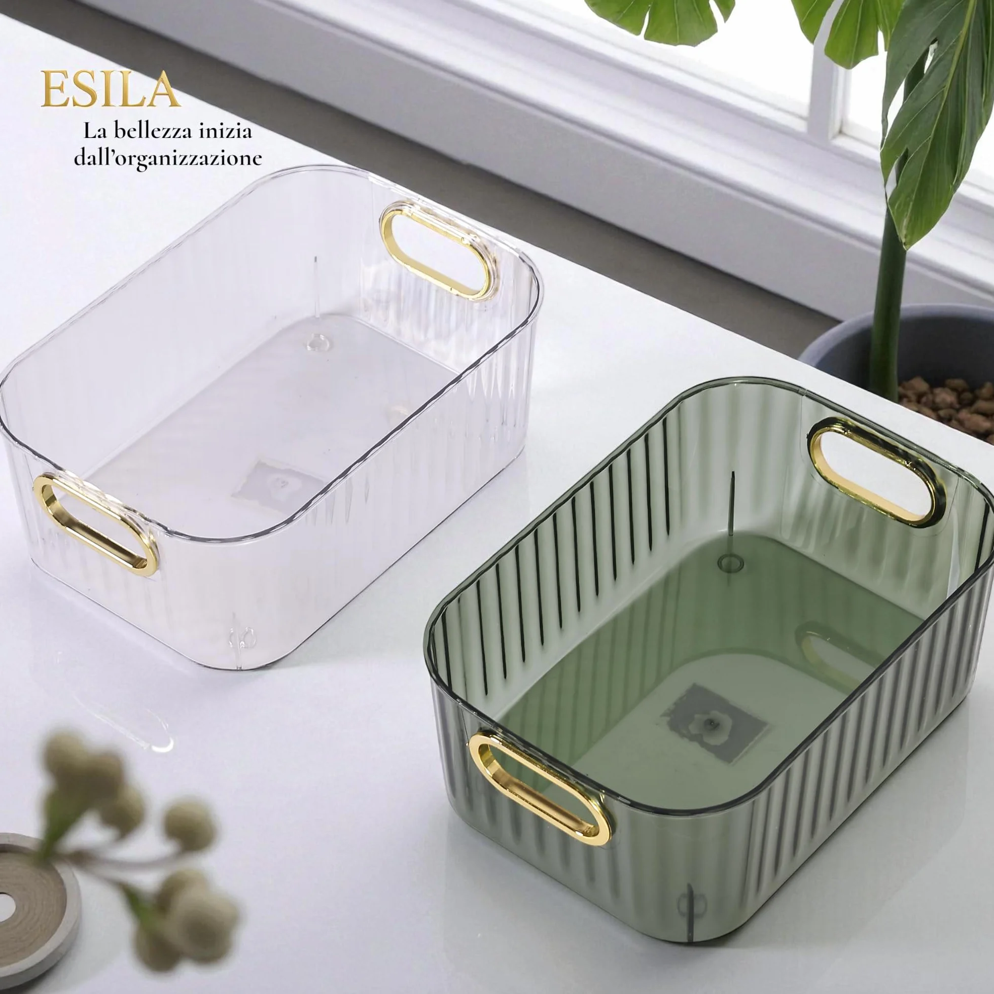Esila Cestini Portaoggetti in Plastica, 2 Pezzi Organizer con Manici Dorati, Scatole Portaoggetti Trasparente e Verde, Ideale per Bagno, Cucina, Ufficio, Vestiti e Trucco